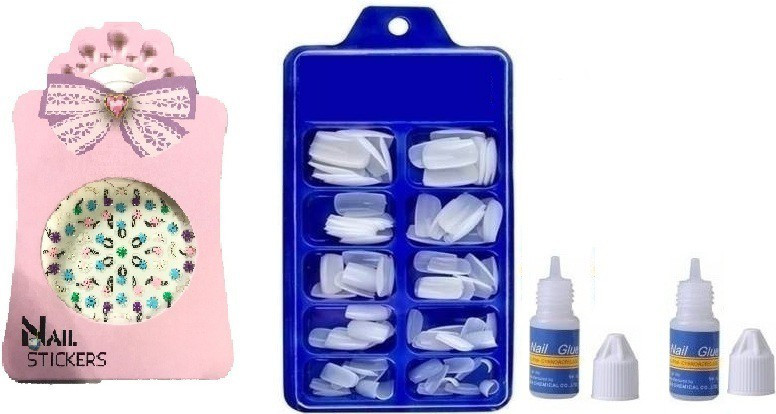 zailie Artificial Arylic 100 Nails With 2 Glue With Mix Design Stickers New Pack image 1