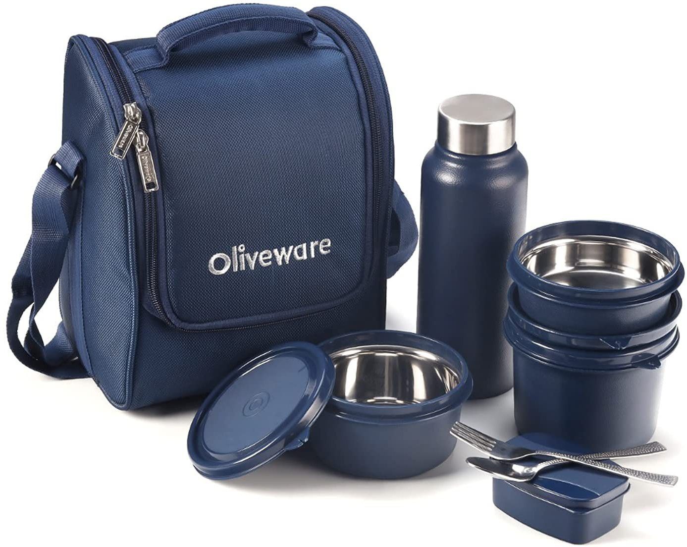 oliveware Teso Lunch Box with Bottle | 3 Stainless Steel Containers | Plastic Pickle Box | Steel Spoon & Fork | Insulated Fabric Bag | Leak Proof | Microwave Safe | Full Meal | Easy to Carry 4 Containers Stainless Steel Office Lunch Box-picture-13