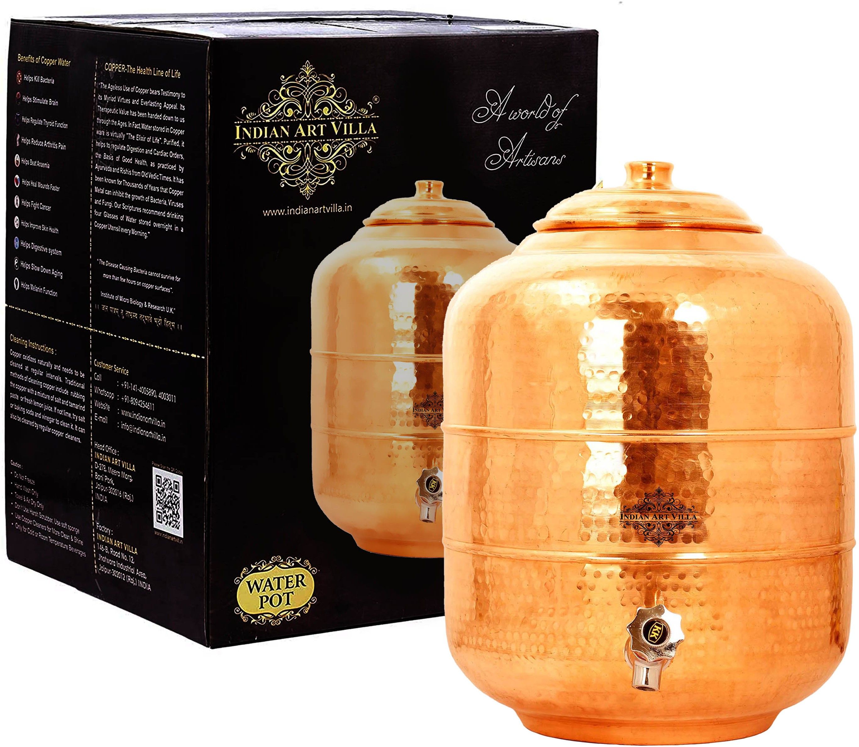 indianartvilla Pure Copper water pot/matka/dispenser for home and kitchen Pure Copper Water Pot Storage Tank With Tap Kitchen Home Garden Health Ayurveda 7 L Drum-picture-16