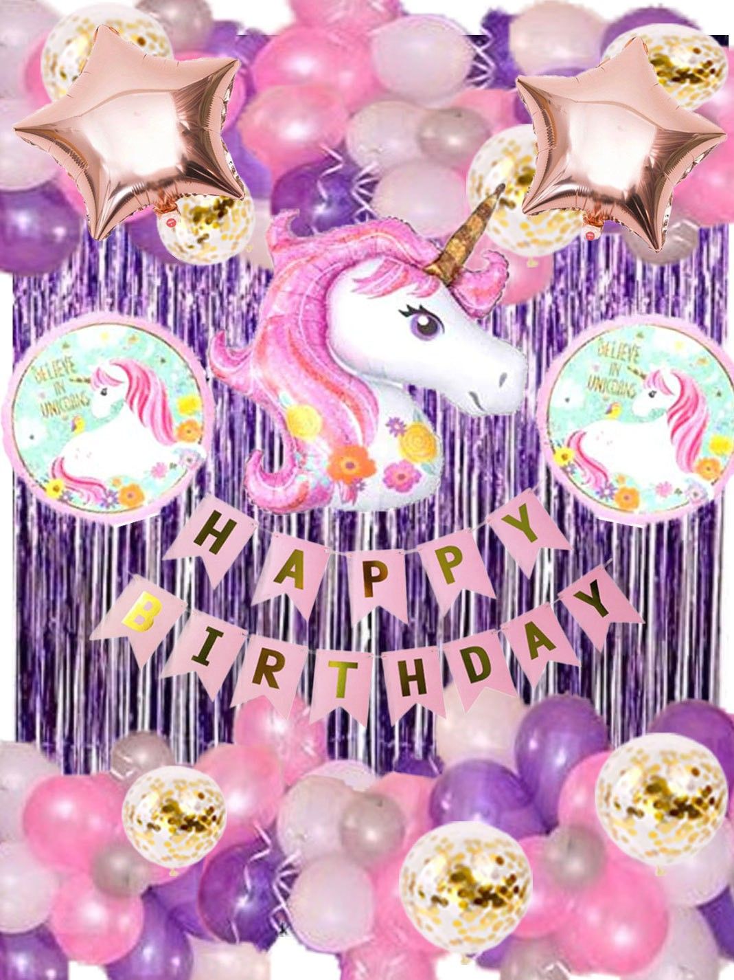 party breeze happy birthday Unicorn Theme Party decoration Supplies Combo set - 54Pcs Foil Balloon, Unicorn Head Balloon, Star,curtain For Girls Birthday Party Decoration-picture-20