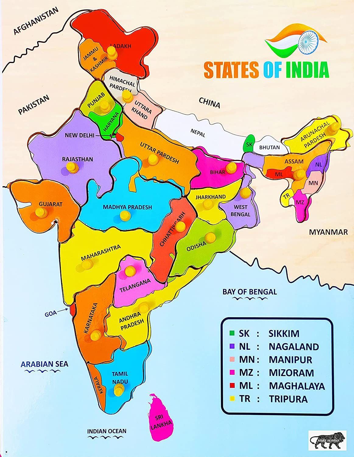 India map with states and Capital wooden puzzle with Knobs-image-19
