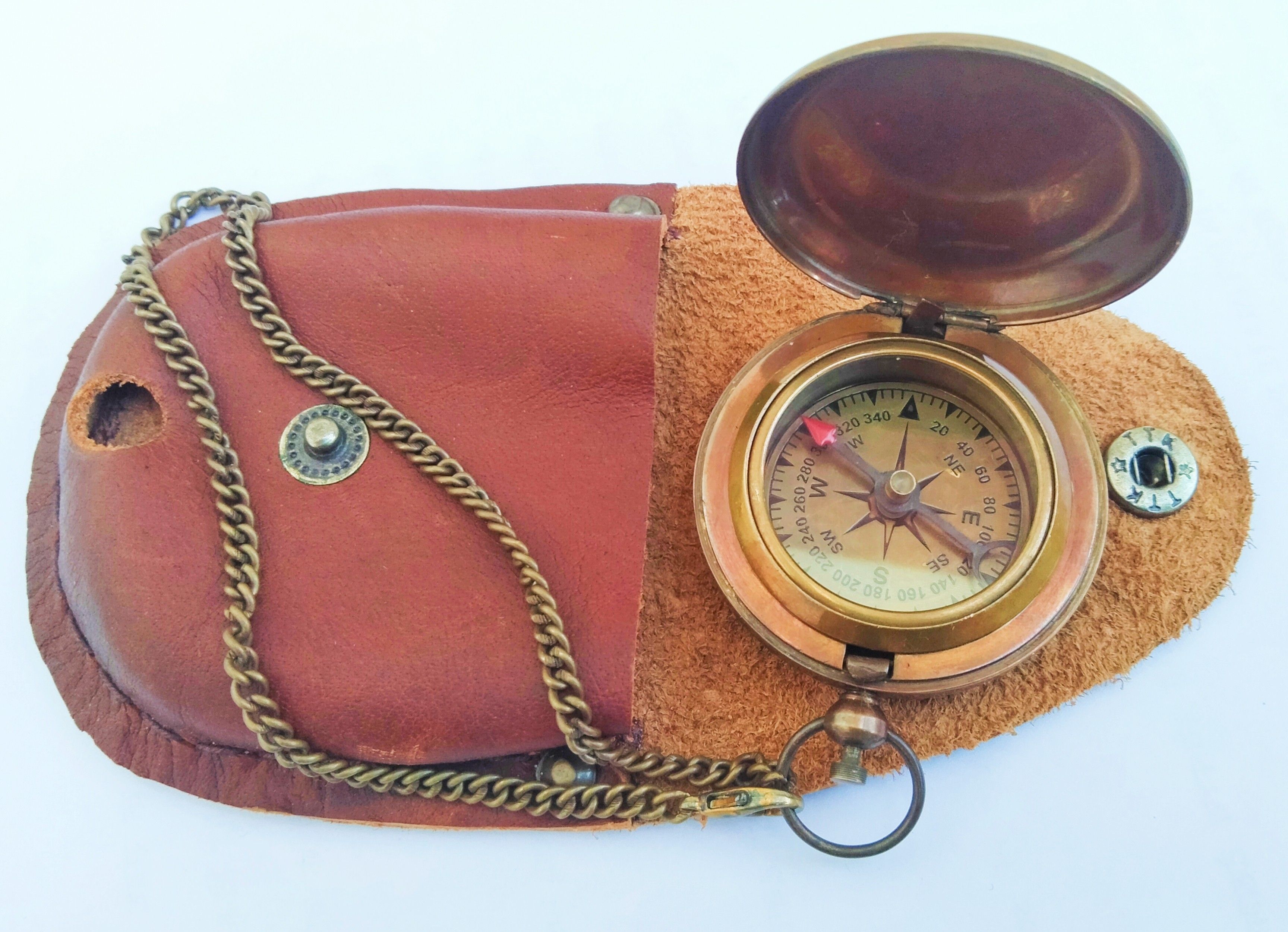 Antique brown finish brass pocket push button lid compass chain with Leather case Compass-image-4