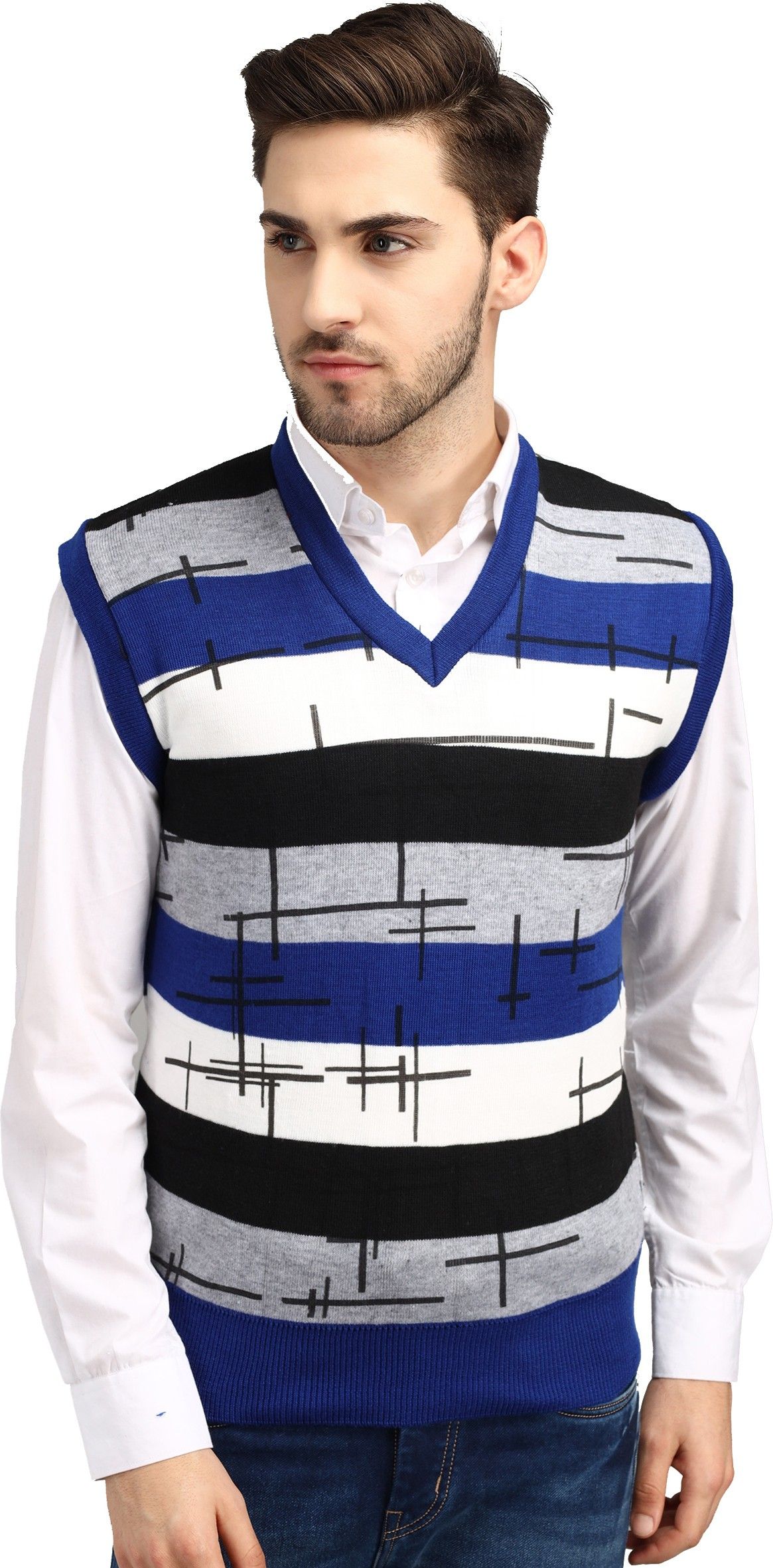 Men Woven V Neck Multicolor Sweater-image-7