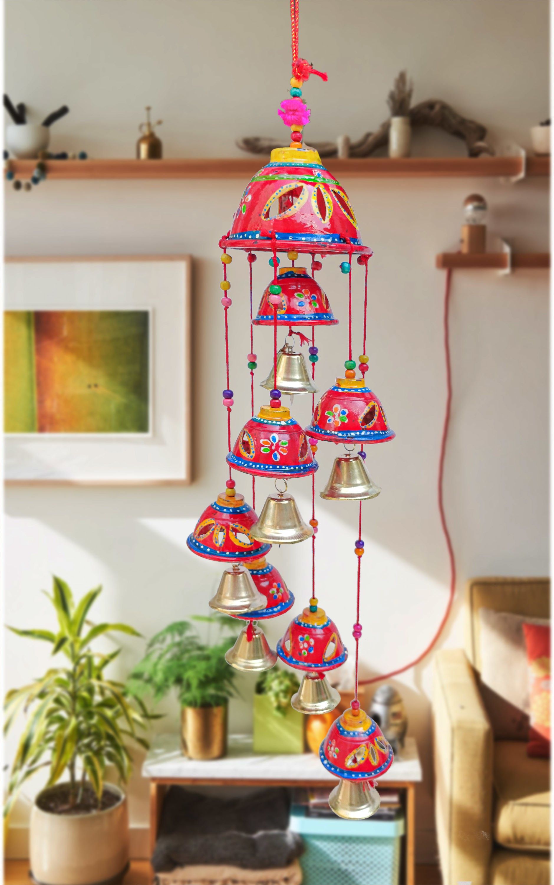 Rajasthani round Bells Design Wall Hanging Decorative Showpiece Wood, Paper, Plastic Windchime