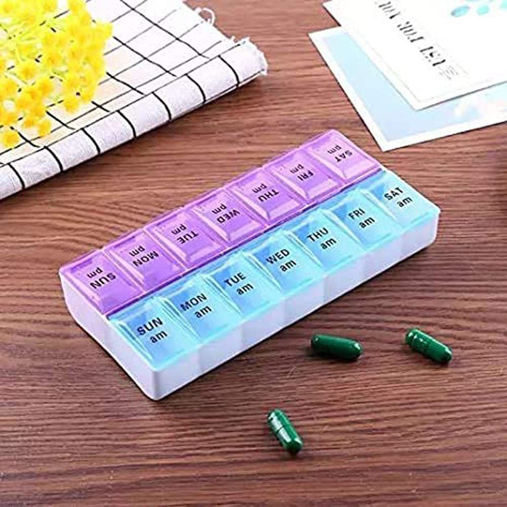 Monday to Sunday Pill Case- 2 Row 14 Squares Weekly 7 (AM-PM) Days Tablet Box Holder Medicine Storage Organizer Container Pill Box