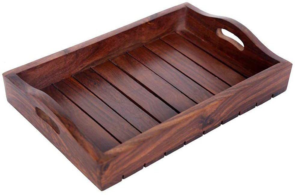 Sheesham Wooden Antique Handmade Serving Tray for Dining Table and Kitchen - Indian Rosewood Table Tray for Snacks, Breakfast, Tea and Coffee- Centre Trays for Decoration and Storage - Brown Tray-image-5