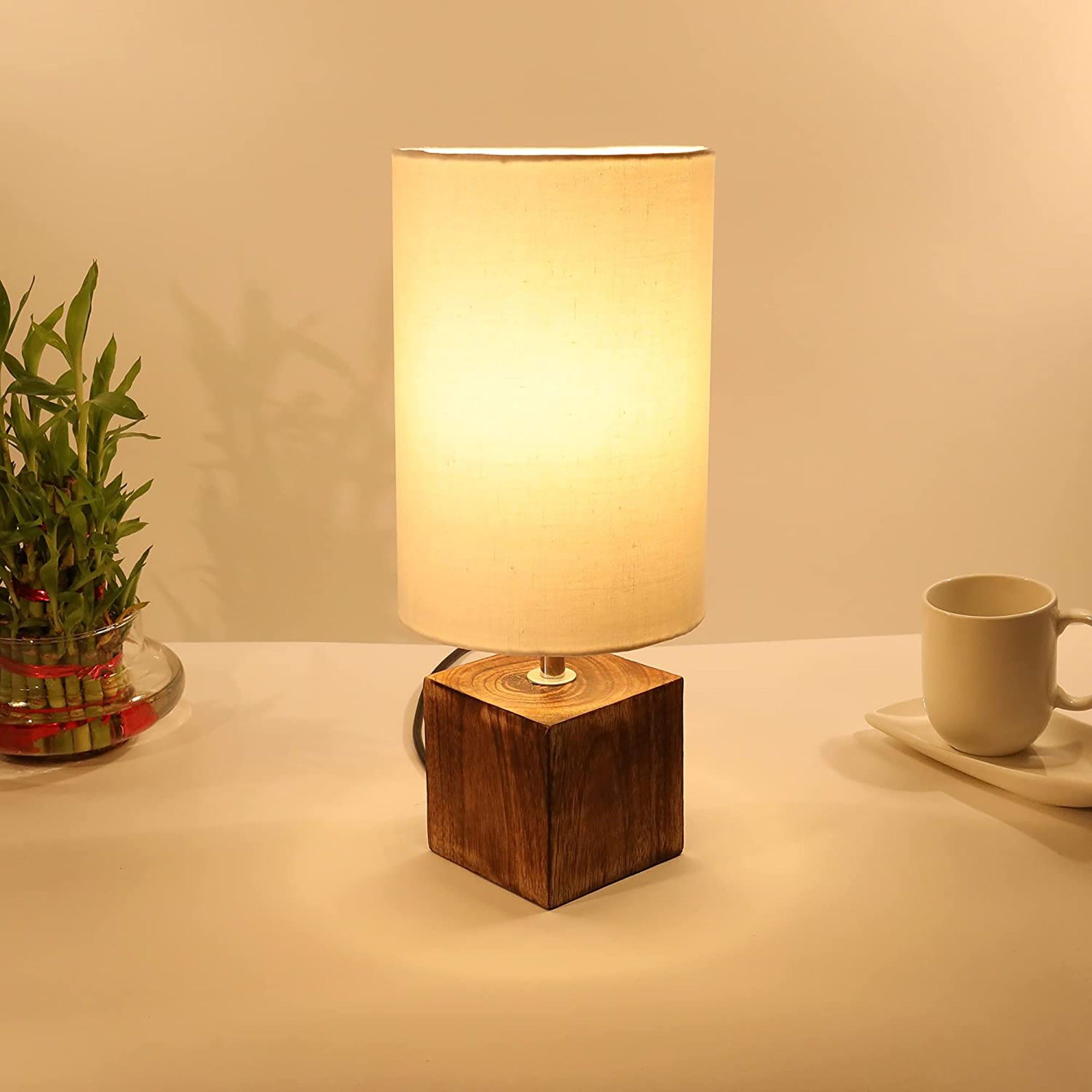 modern zen wooden lampshade nightstand lamps, antique base e27 creative reading bedside lamps ideal for bedroom, cube, khadi table lamp