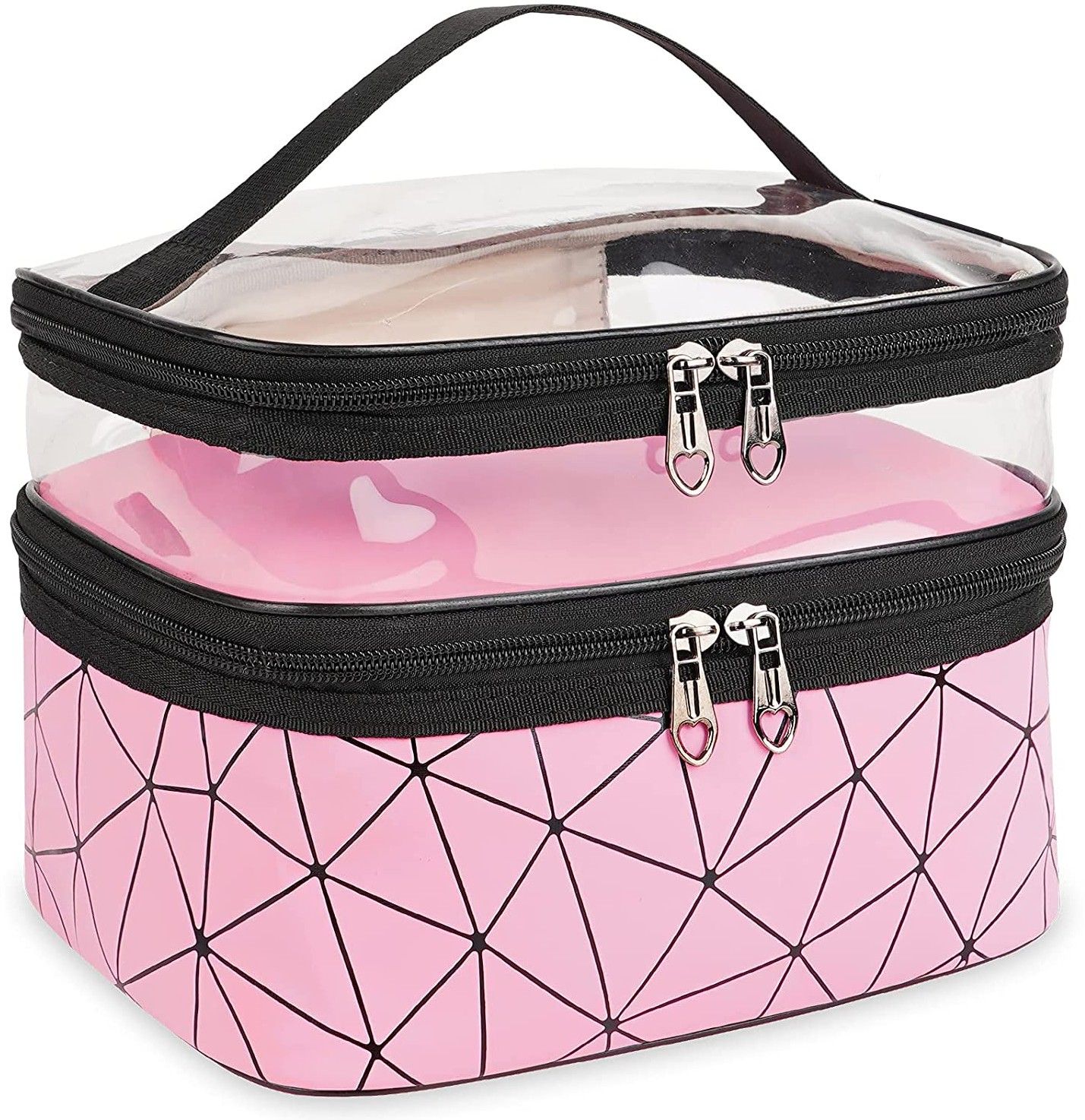 Makeup Bags Double Layer Travel Cosmetic Cases Make up Organizer Toiletry Bags-Pink Makeup Vanity Box-image-12