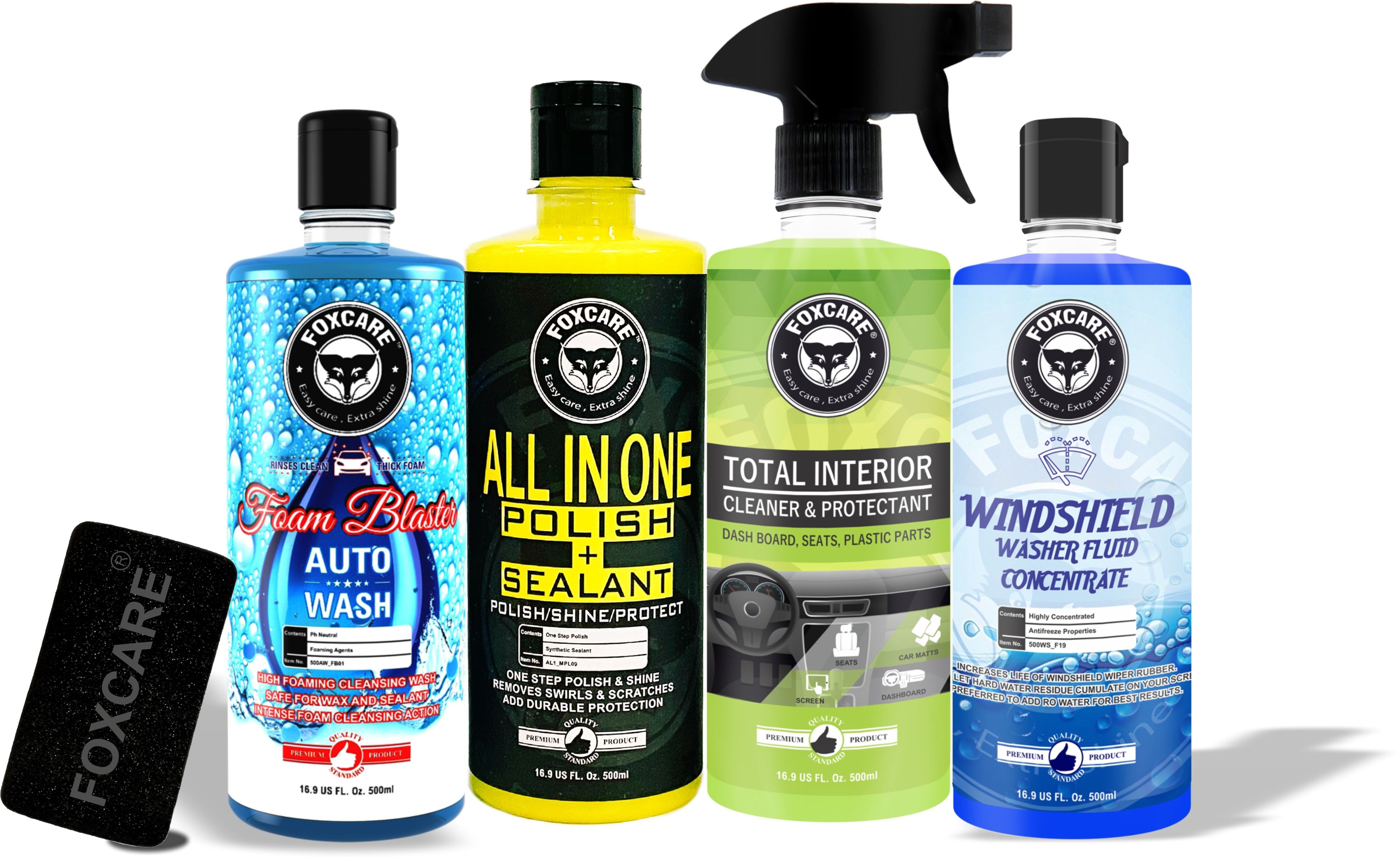 Total interior cleaner, All in one polish + sealant, Windshield washer liquid, Foam blaster - auto wash shampoo, 1- Sponge applicator Combo-image-37