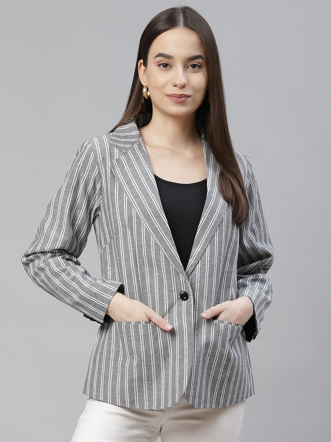 cottinfab Women Striped Single Breasted Casual Blazer-picture-12