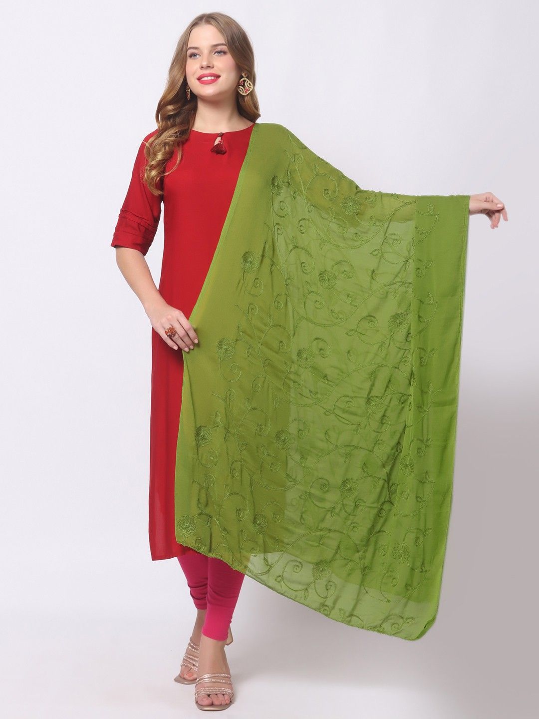dupatta bazaar Chiffon Embroidered Green Women Dupatta-picture-12