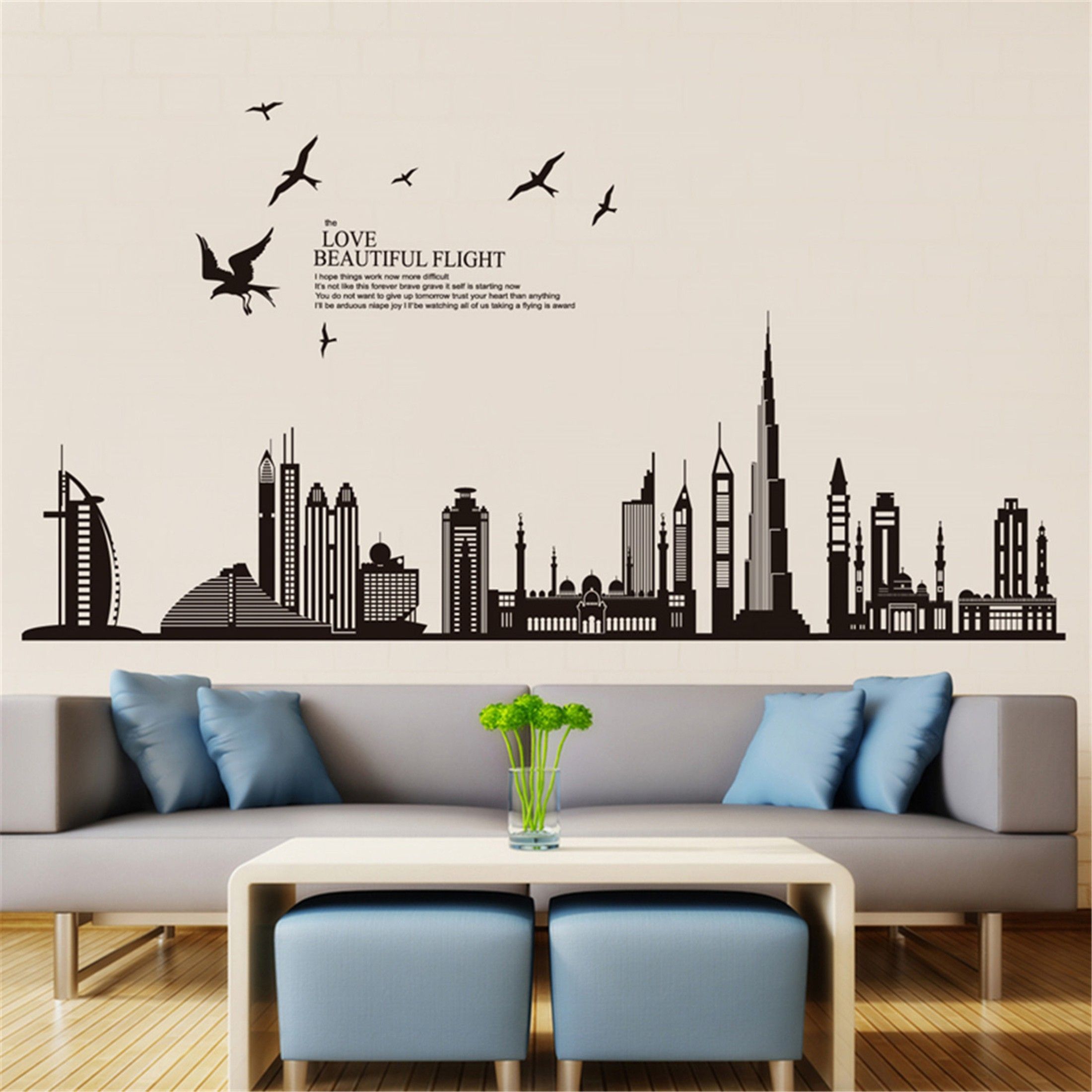 175 cm Wall Stickers Burj Khalifa Dubai Skyline With The Beautiful Flight Quote Decor For Home Self Adhesive Sticker