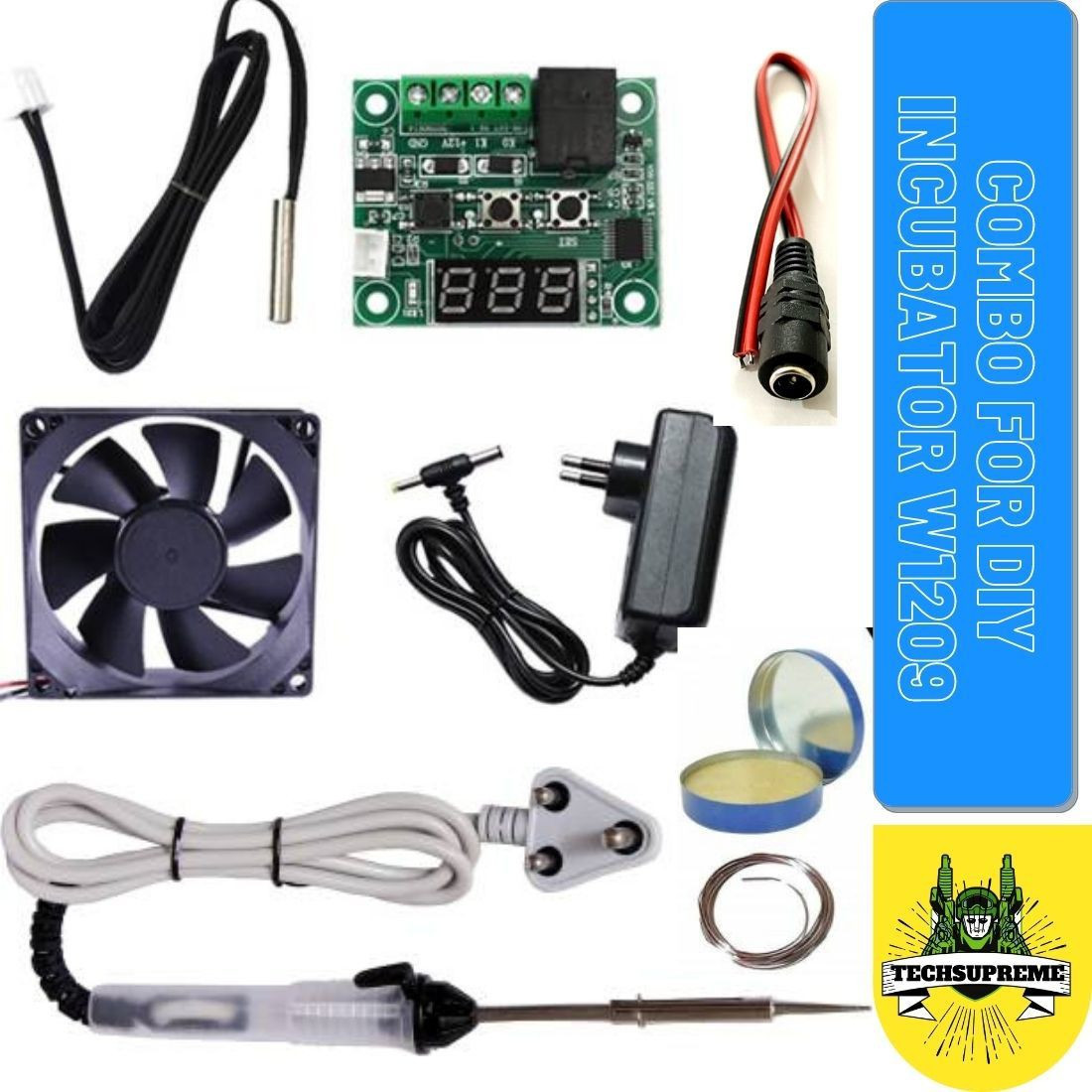 techsupreme Best Combo for DIY Incubator W1209 12V DC Digital Temperature Controller Board with 12v 2amp Adapter and 3 inch fan 25W Soldering Iron, Soldering Wire, Soldering Paste 1 DC Connecter Electronic Components Electronic Hobby Kit image 1