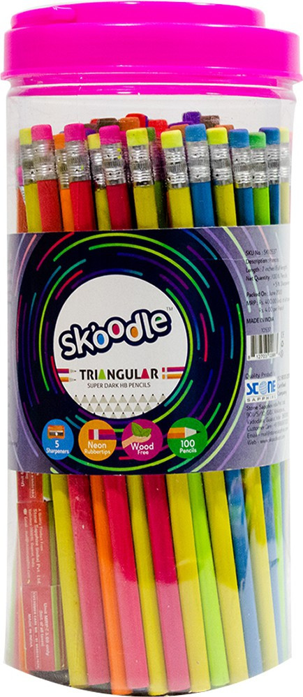 skoodle 100 Piece Rubber Tip Polymer Pencils With 5 Sharpners Inside The Jar For Kids and Adults For Sketching & Drawing for Kids, (100 Rubber Tip Polymer Colourful Pencils X 1 Boxes) Pencil image 1