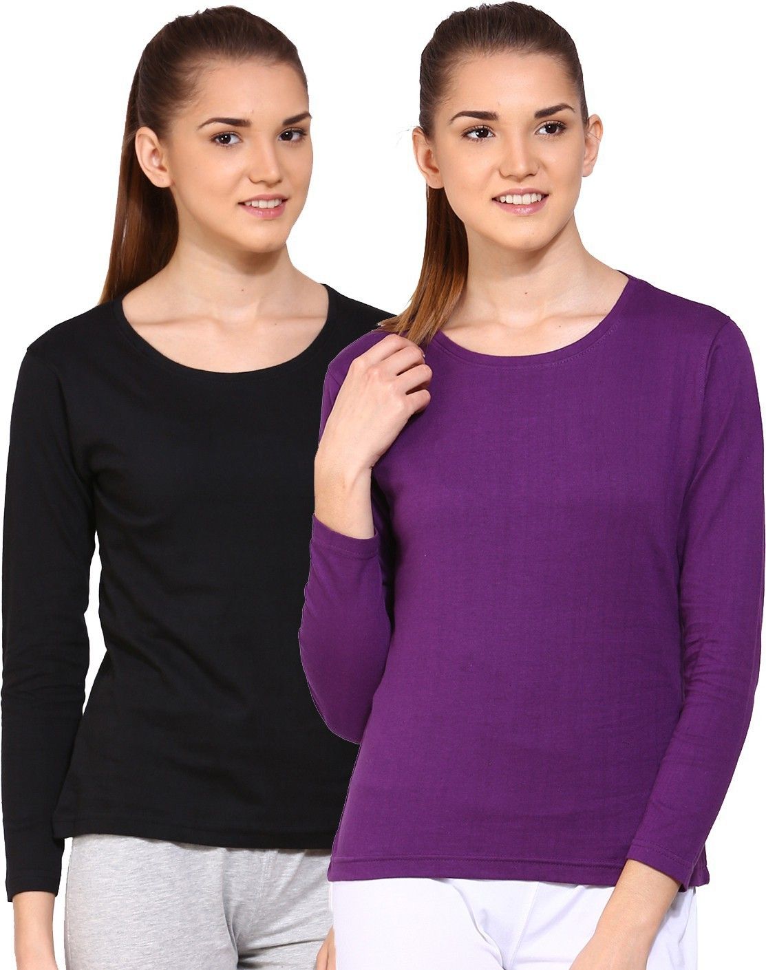 Pack of 2 Women Solid Round Neck Pure Cotton Purple, Black T-Shirt-image-38