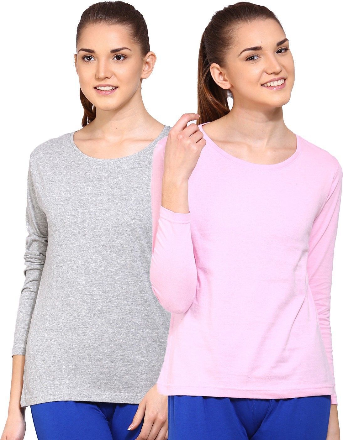 ap'pulse Pack of 2 Women Solid Round Neck Pure Cotton Pink, Grey T-Shirt-picture-29