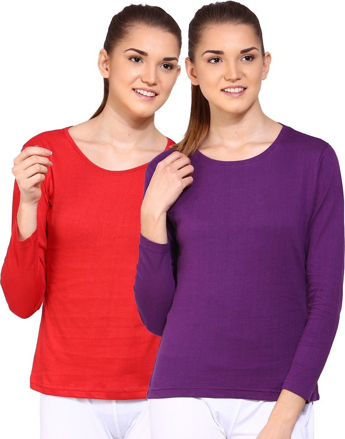 ap'pulse Pack of 2 Women Solid Round Neck Pure Cotton Purple, Red T-Shirt-picture-24