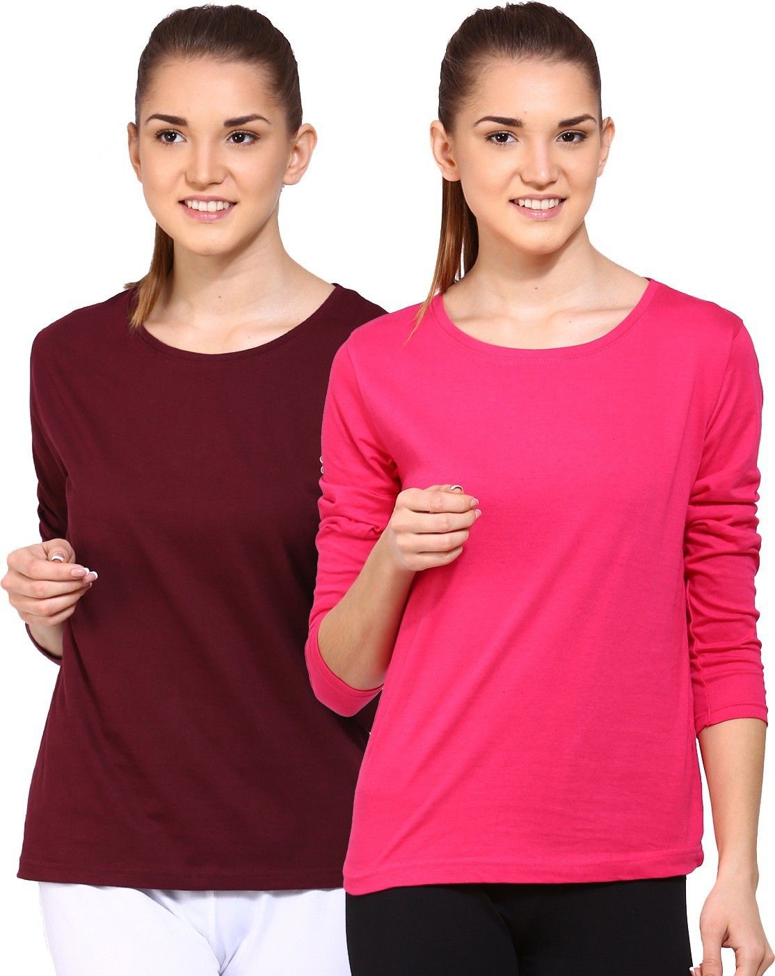Pack of 2 Women Solid Round Neck Pure Cotton Brown, Pink T-Shirt-image-40