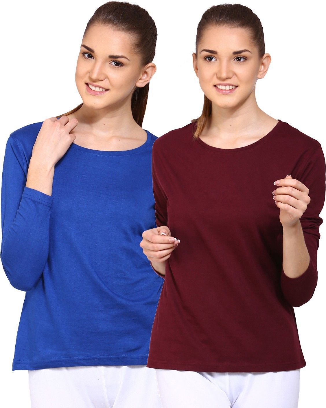 ap'pulse Pack of 2 Women Solid Round Neck Pure Cotton Blue, Brown T-Shirt-picture-32