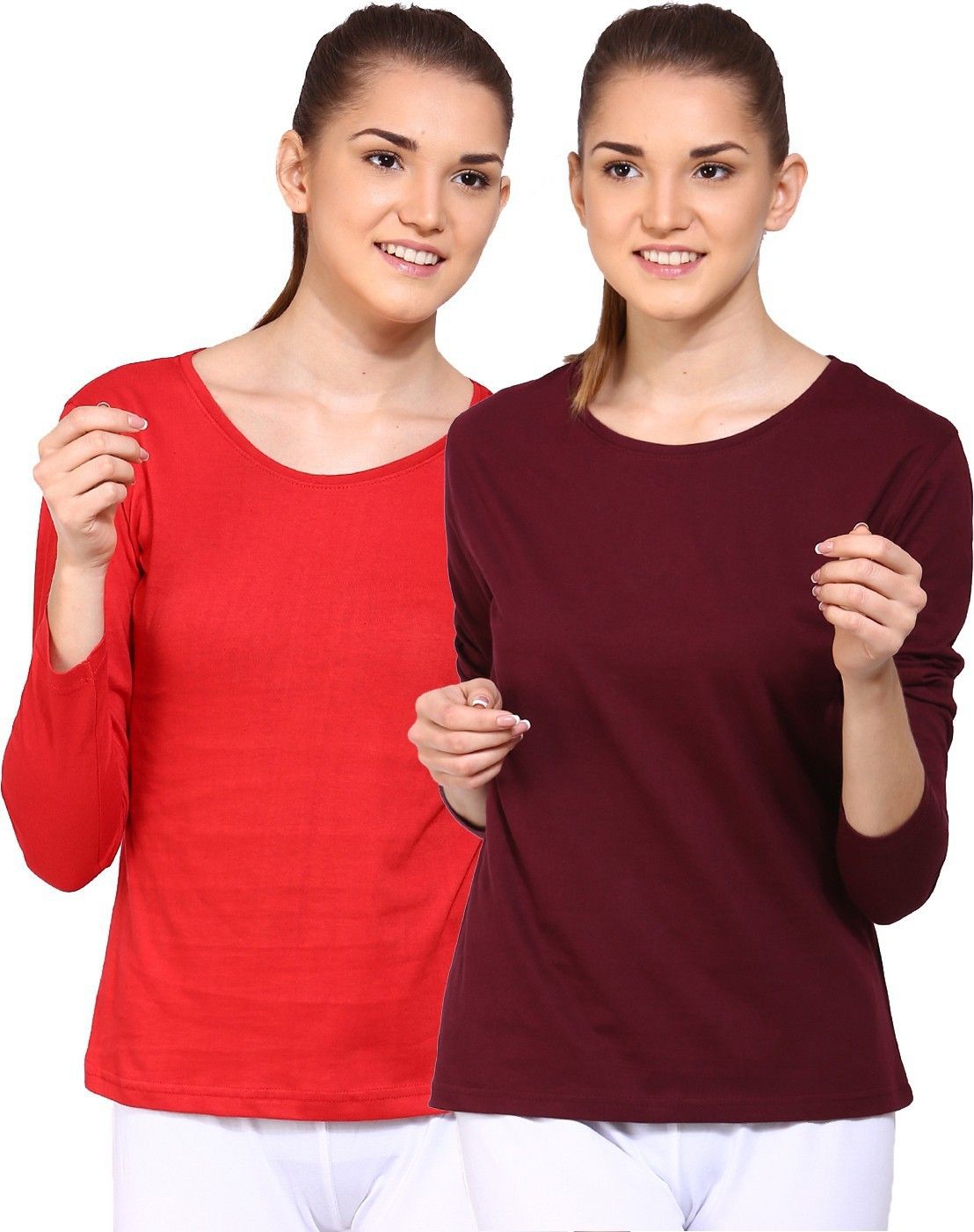 ap'pulse Pack of 2 Women Solid Round Neck Pure Cotton Red, Brown T-Shirt-picture-33