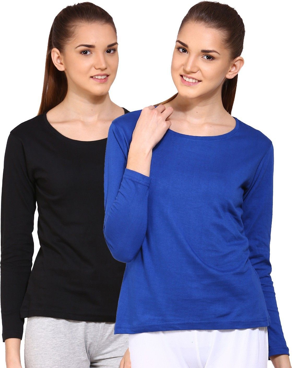 ap'pulse Pack of 2 Women Solid Round Neck Pure Cotton Blue, Black T-Shirt-picture-41