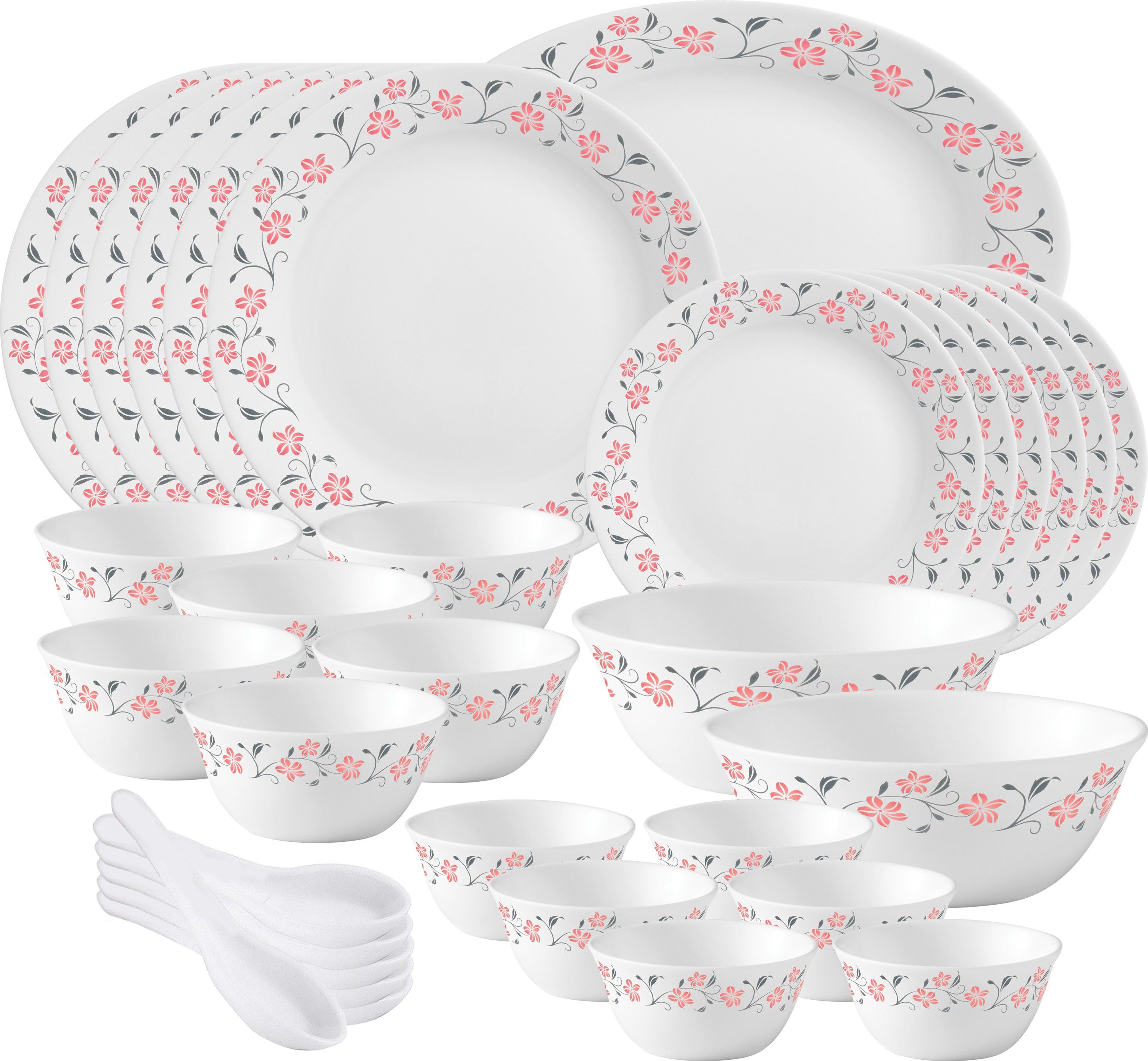 Pack of 33 Opalware Ivory Grace Red {Dinner plate 11"(6 pcs) || Quarter plate 7.5"(6 pcs) || Oval platter 13"(1 Pc) || Veg bowl 180ml(6 Pcs) || Soup Bowl 340ml(6 pcs) || Serving bowl 1450ml(2 Pcs)|| Spoon (6 pcs)} Dinner Set-image-14