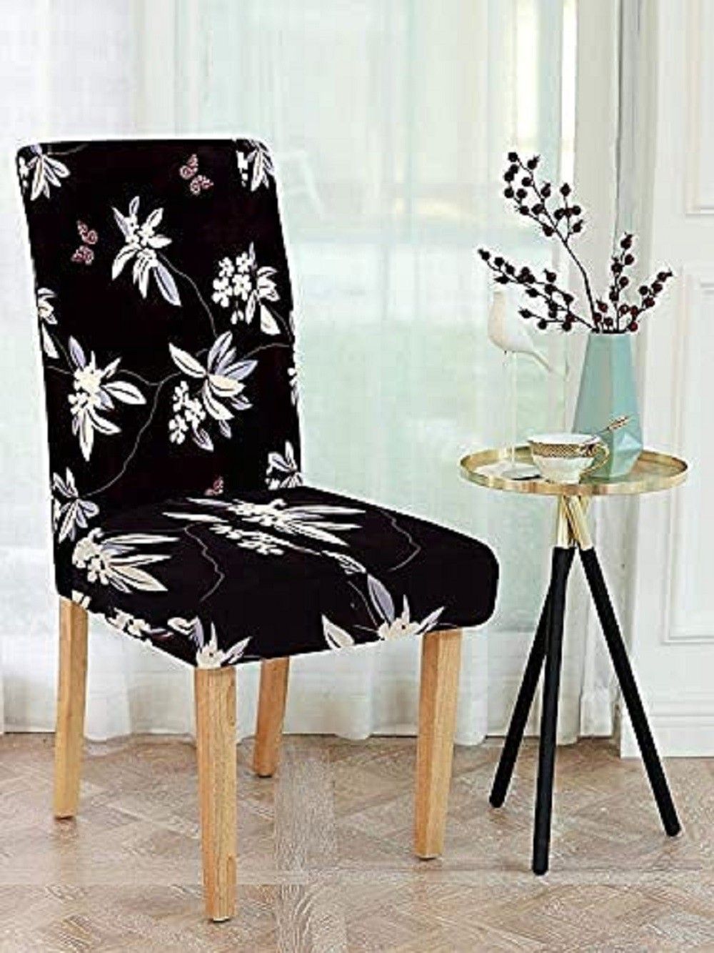 golden leaf Dining Table Chair Cover Soft Floral Polyester for Elastic Installation (Black) Set of 4 Sofa Fabric-picture-38
