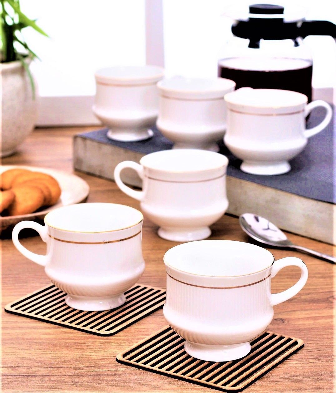 Pack of 6 Bone China, Ceramic White Golden Premium Quality Cups-image-45