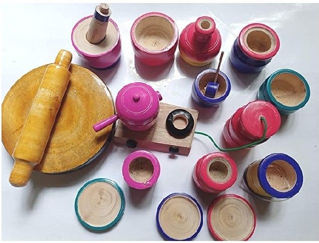 mamu shop MAMUSHOP Chennapatna wooden kids kitchen set with chakla belan set -Multicolour-picture-29