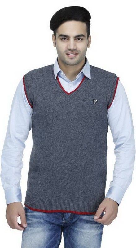 company me Men Solid V Neck Grey Sweater-picture-25