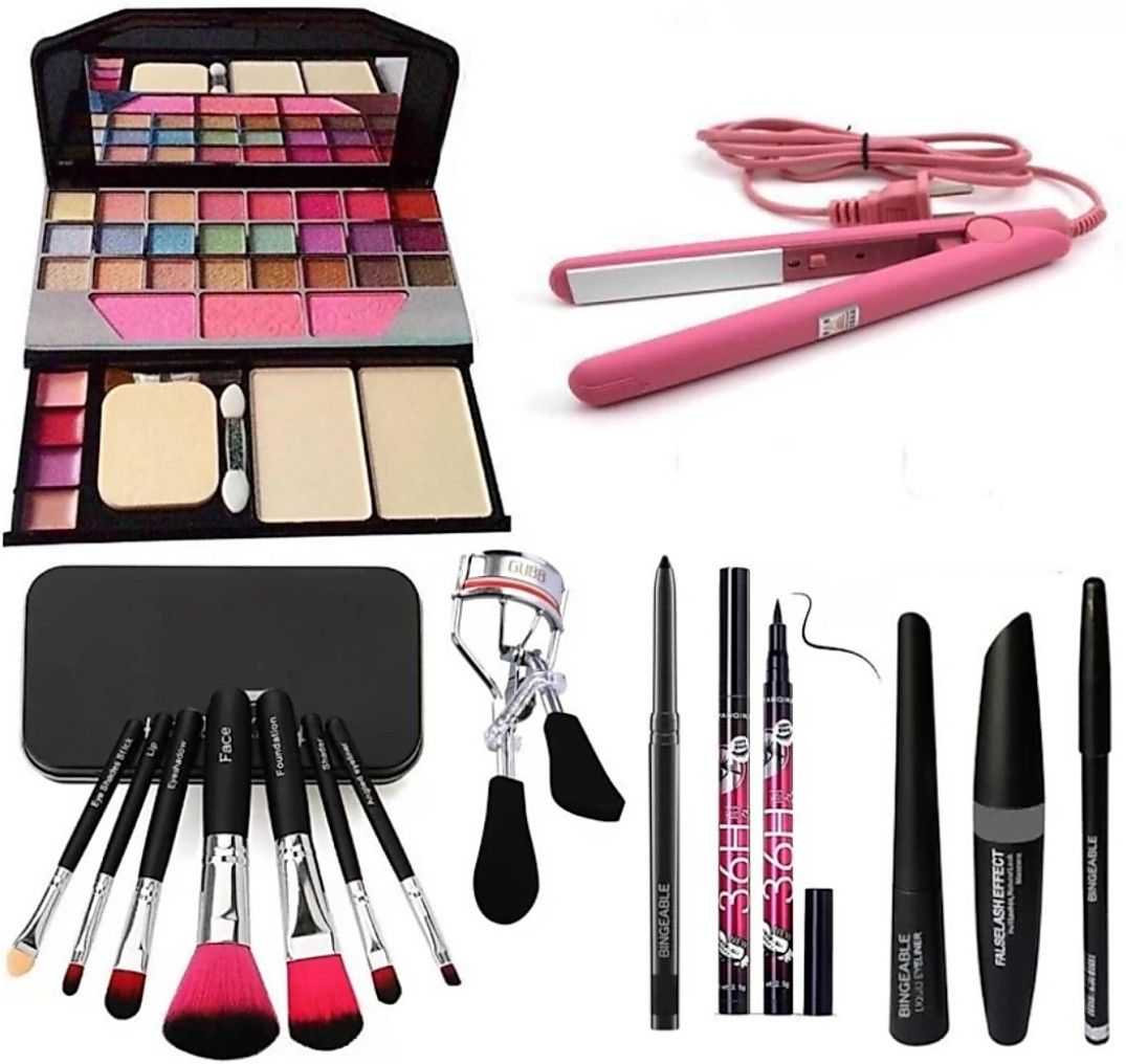 BLACK Smudge Proof Kajal,3in1 Combo set,36h Eyeliner,Curler,Set of 7 BLACK/PINK Makeup Brushes,All in One Best Makeup kit 6155 (Eyeshadow,Blusher,Compact,Lip Gloss) & Professional Hold/Styling Mini Hair Straightener (9 Items in the set)-image-45