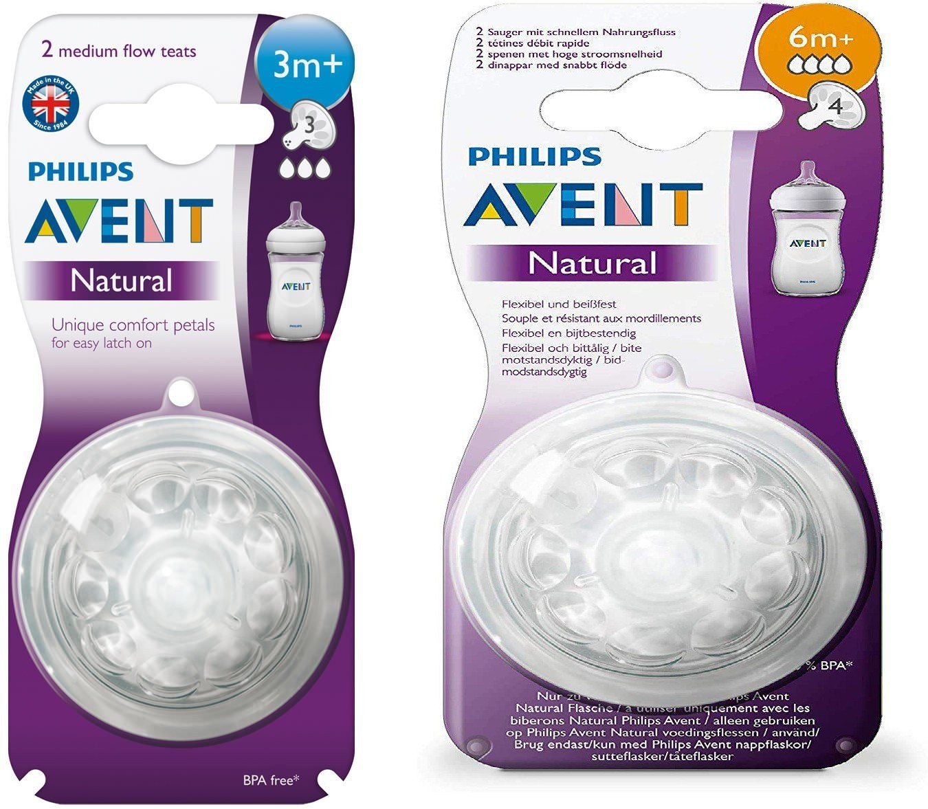 philips Avent Natural Teat Fast Flow 3 Months+ (2pcs) and 6 Months+ combo Medium Flow Nipple image 1
