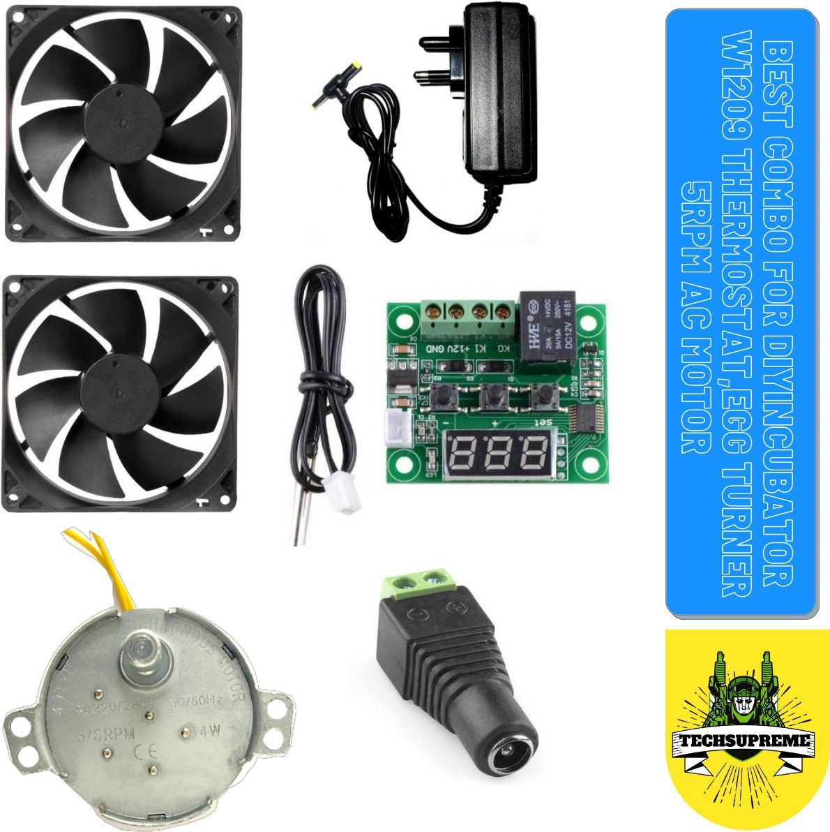 techsupreme Best Combo Of W1209 + 12v 2Amp Adapter + 2 Pieces 3inch fan+ 1 Dc Connectors Screw Type and Synchronous Motor 220-240volts 5/6rpm 4w Auto Swing Motor for For Diy Incubator Electronic Components Electronic Hobby Kit-picture-15