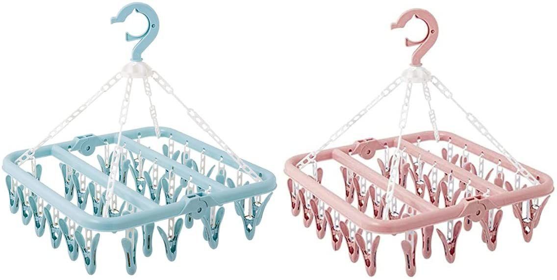 Foldable Cloth Hanger with 28 Clips Laundry Drip Drying Hanger Rack Plastic Clothes Hanger for Socks Towels Underwear Bras Diapers Baby Clothes Pants Gloves Plastic Cloth Clips (Pack Of 2) Plastic Cloth Clips-image-5