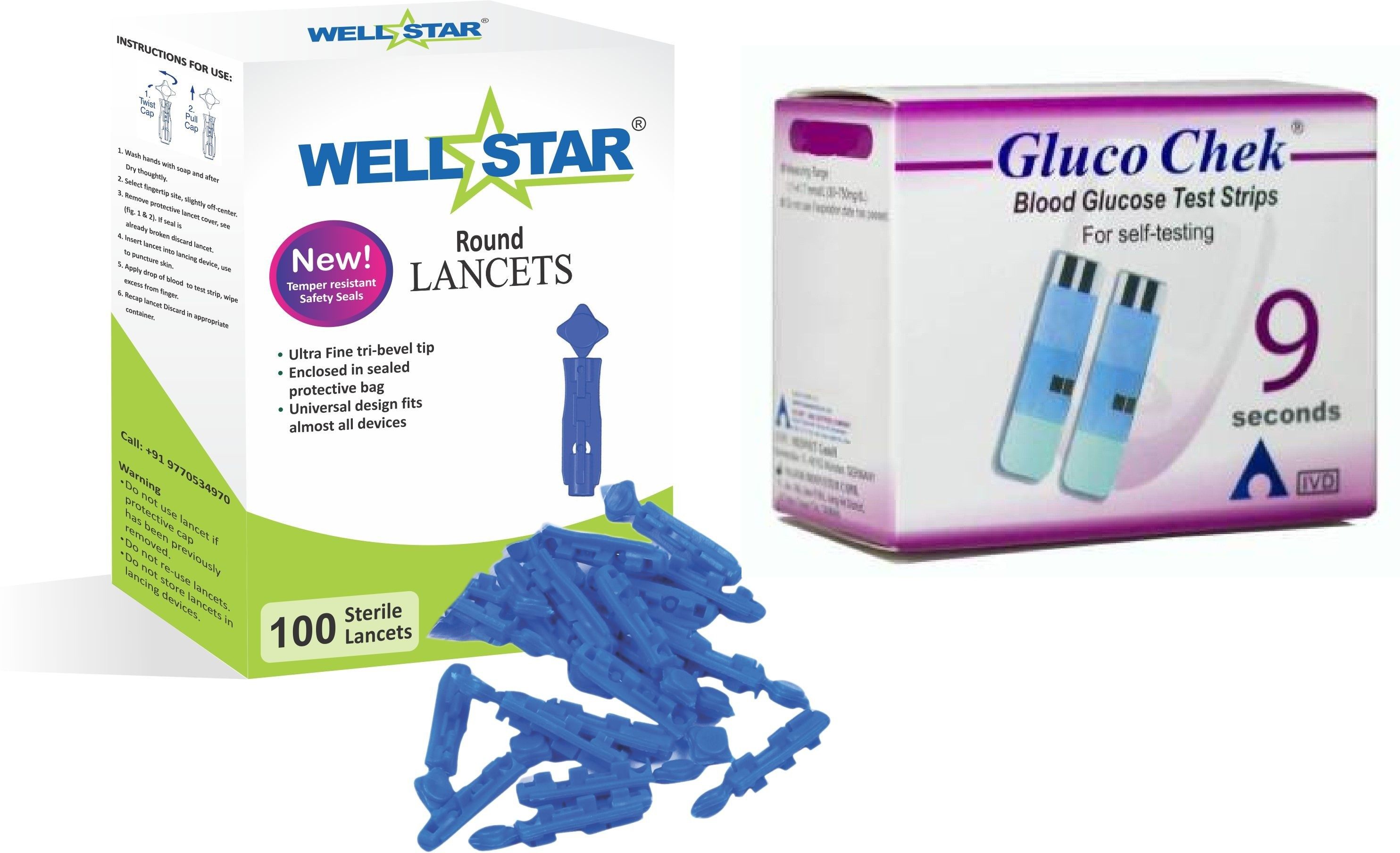 Wellstar ROUND Glucometer Lancets (100) with GLUCOCHEK 50 Test Strips Glucometer Lancets-picture-35