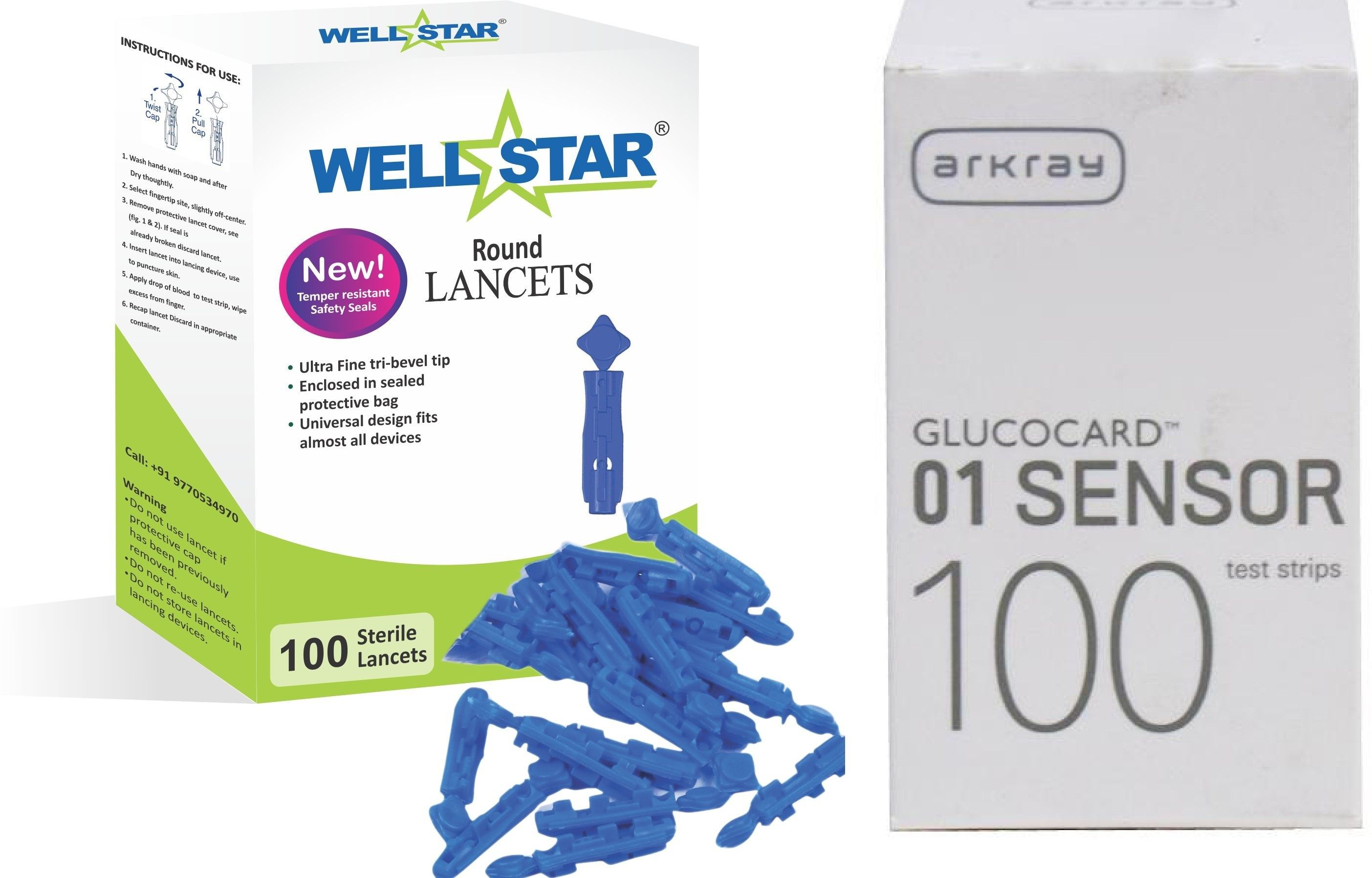 Wellstar ROUND Glucometer Lancets (100) with GLUCOCARD SENSOR 100 Test Strips Glucometer Lancets-picture-36