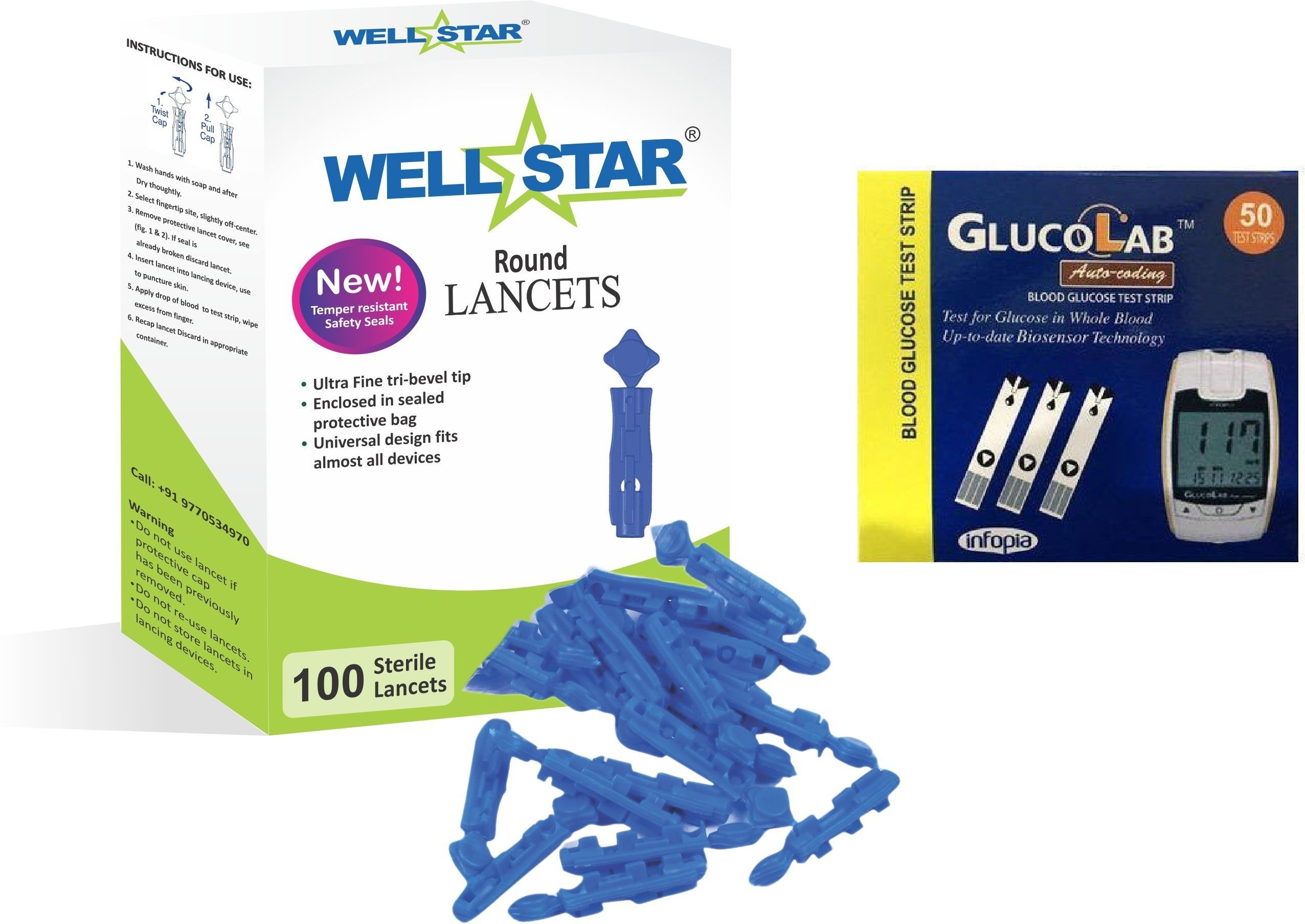 Wellstar ROUND Glucometer Lancets (100) with GLUCOLAB 50 Test Strips Glucometer Lancets-picture-10