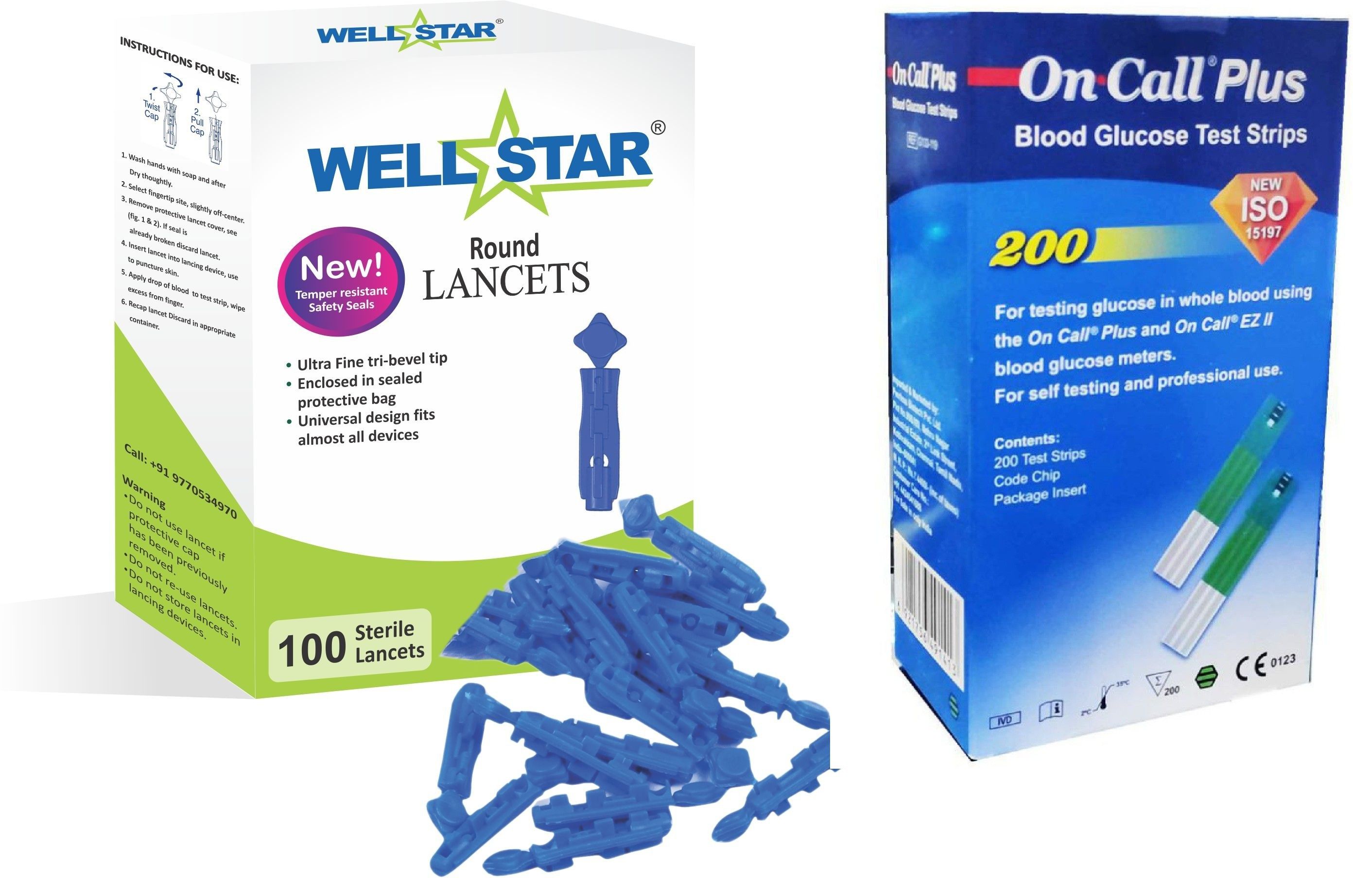 Wellstar ROUND Glucometer Lancets (100) with ONCALL PLUS 200 Test Strips Glucometer Lancets-picture-40