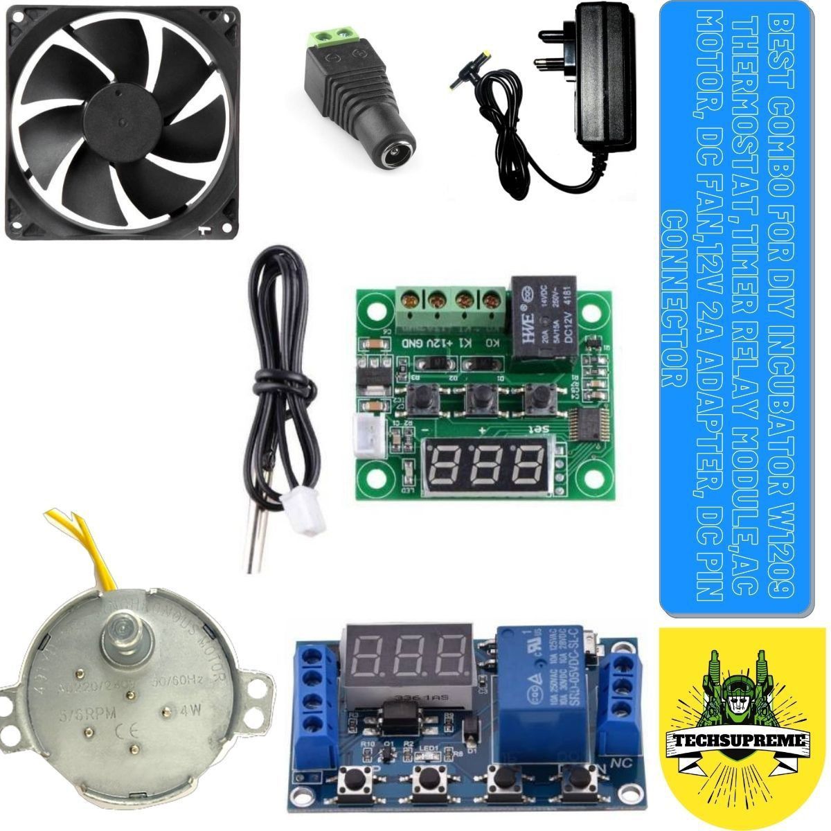techsupreme Best Combo Of W1209 + 12v 2Amp Adapter + Pieces 3inch fan+ 1 Dc Connectors Screw Type and Synchronous Motor 220-240volts 5/6rpm 4w Auto Swing Motor & Timer Module , Timer Relay, DC 6-30V 1 Channel Relay Module Switch Trigger Time Delay Circuit Timer Cycle Adjustable For Diy Incubator Electronic Components Electronic Hobby Kit-picture-13