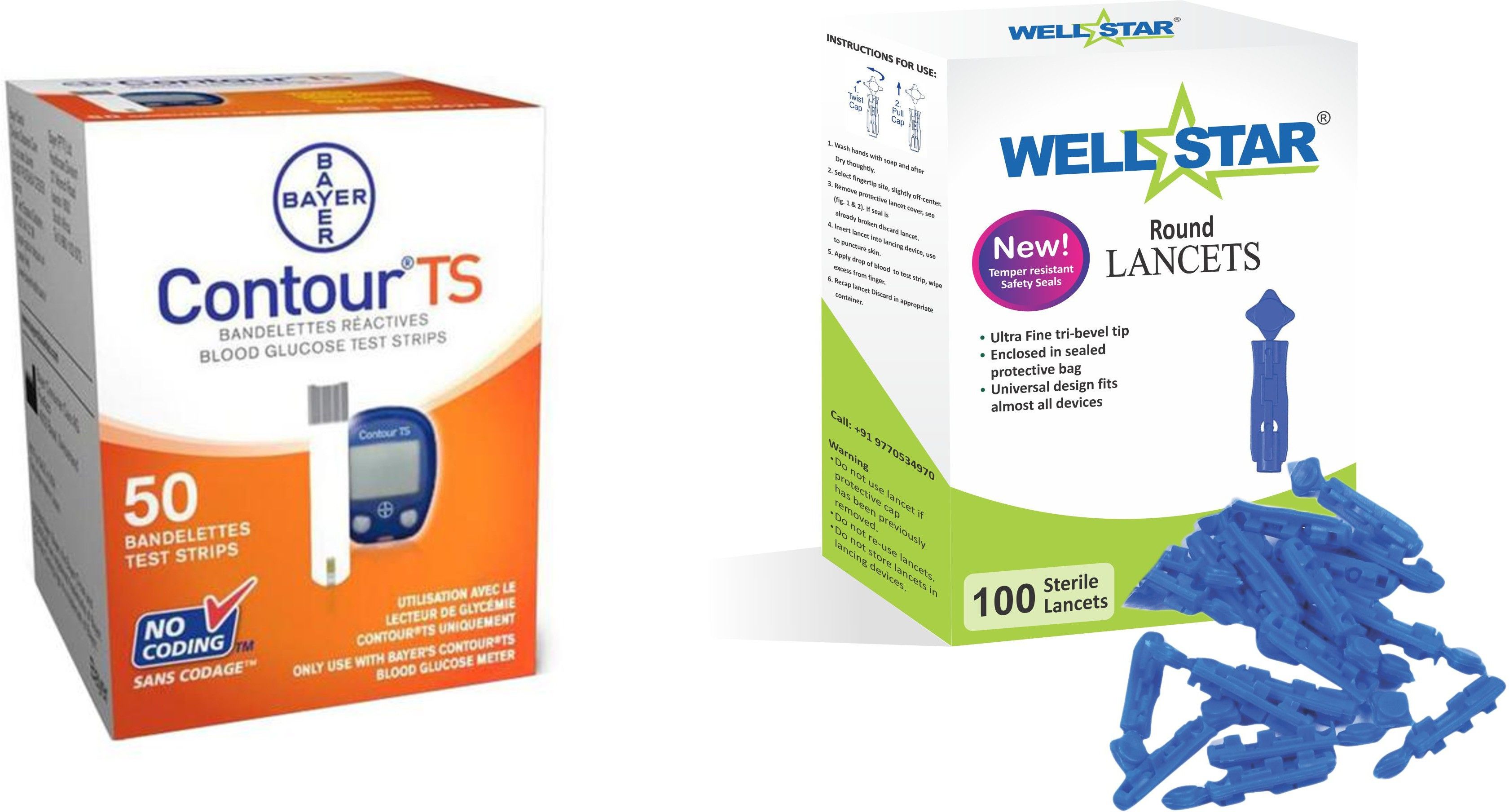 Wellstar CONTOUR TS 50 Test Strips With ROUND Glucometer Lancets (100) Glucometer Lancets-picture-29