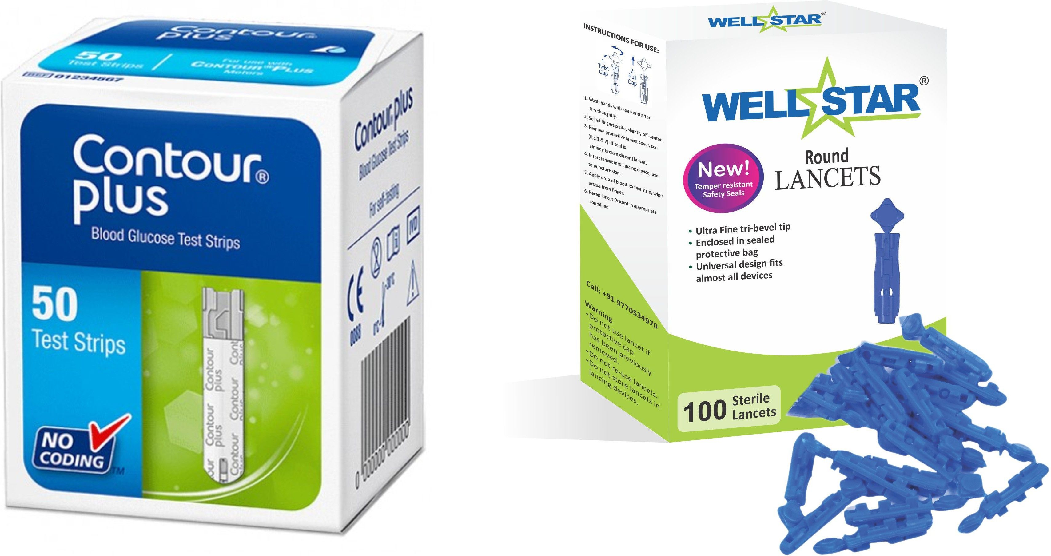 Wellstar CONTOUR PLUS 50 Test Strips With ROUND Glucometer Lancets (100) Glucometer Lancets-picture-16