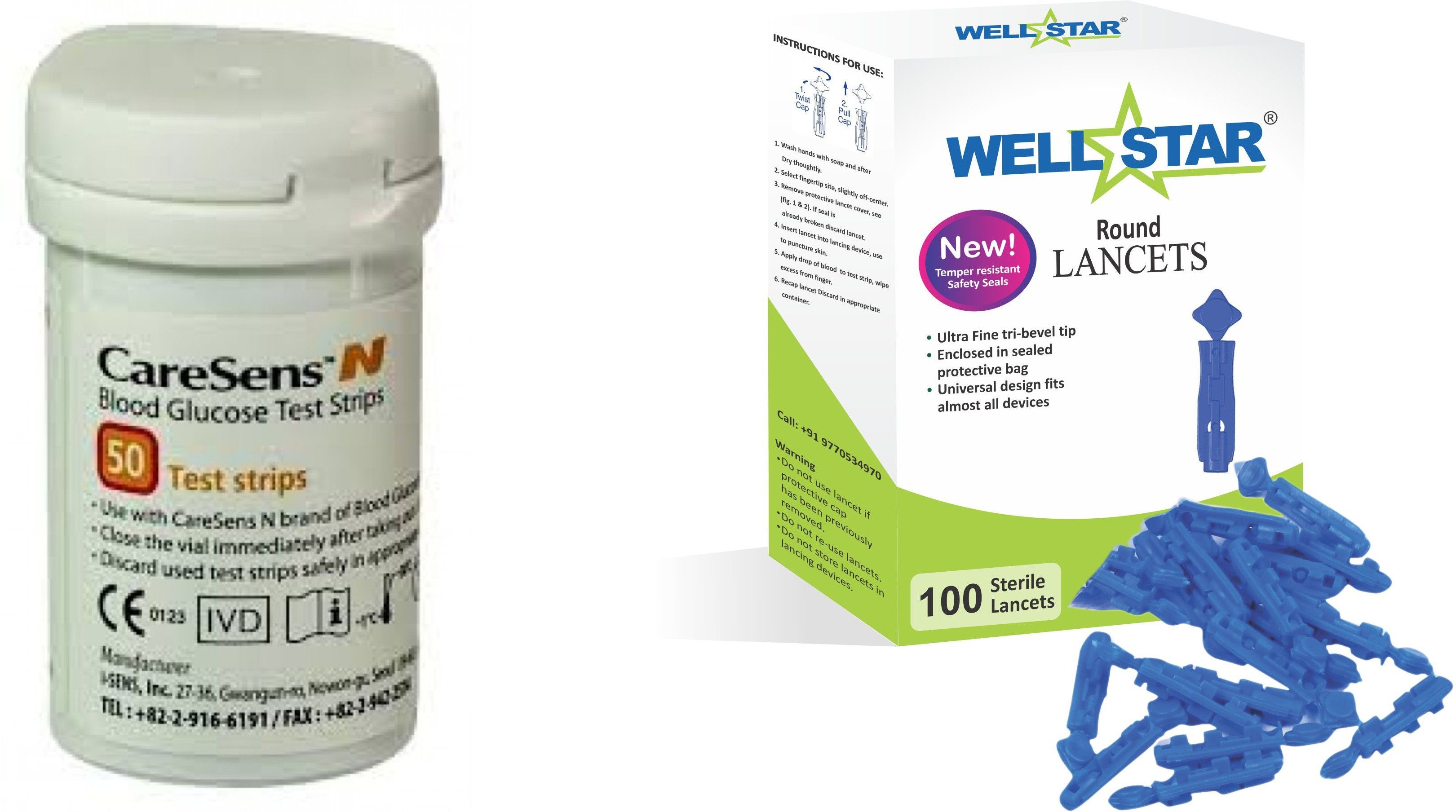 Wellstar CARSENS N 50 Test Strips With ROUND Glucometer Lancets (100) Glucometer Lancets-picture-48