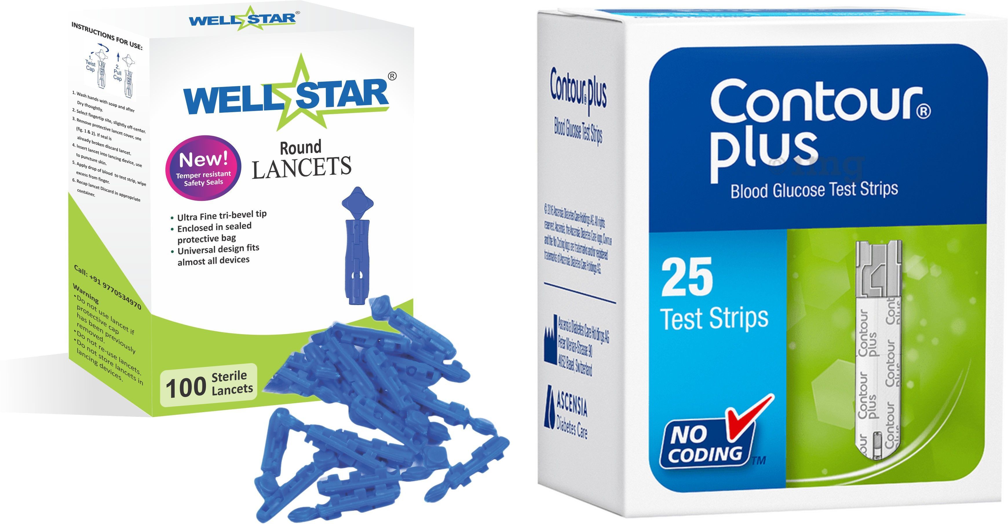 Wellstar CONTOUR PLUS 25 Test Strips With ROUND Glucometer Lancets (100) Glucometer Lancets-picture-15