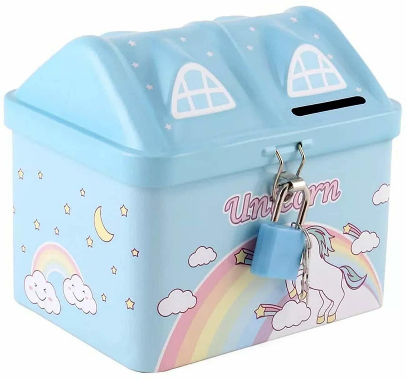 House Shape Unicorn Toys Printed Metal Coin Bank Toy Piggy Bank for Kids with Lock Key Coin Bank Small Saving Account Unicorn Bank-image-19