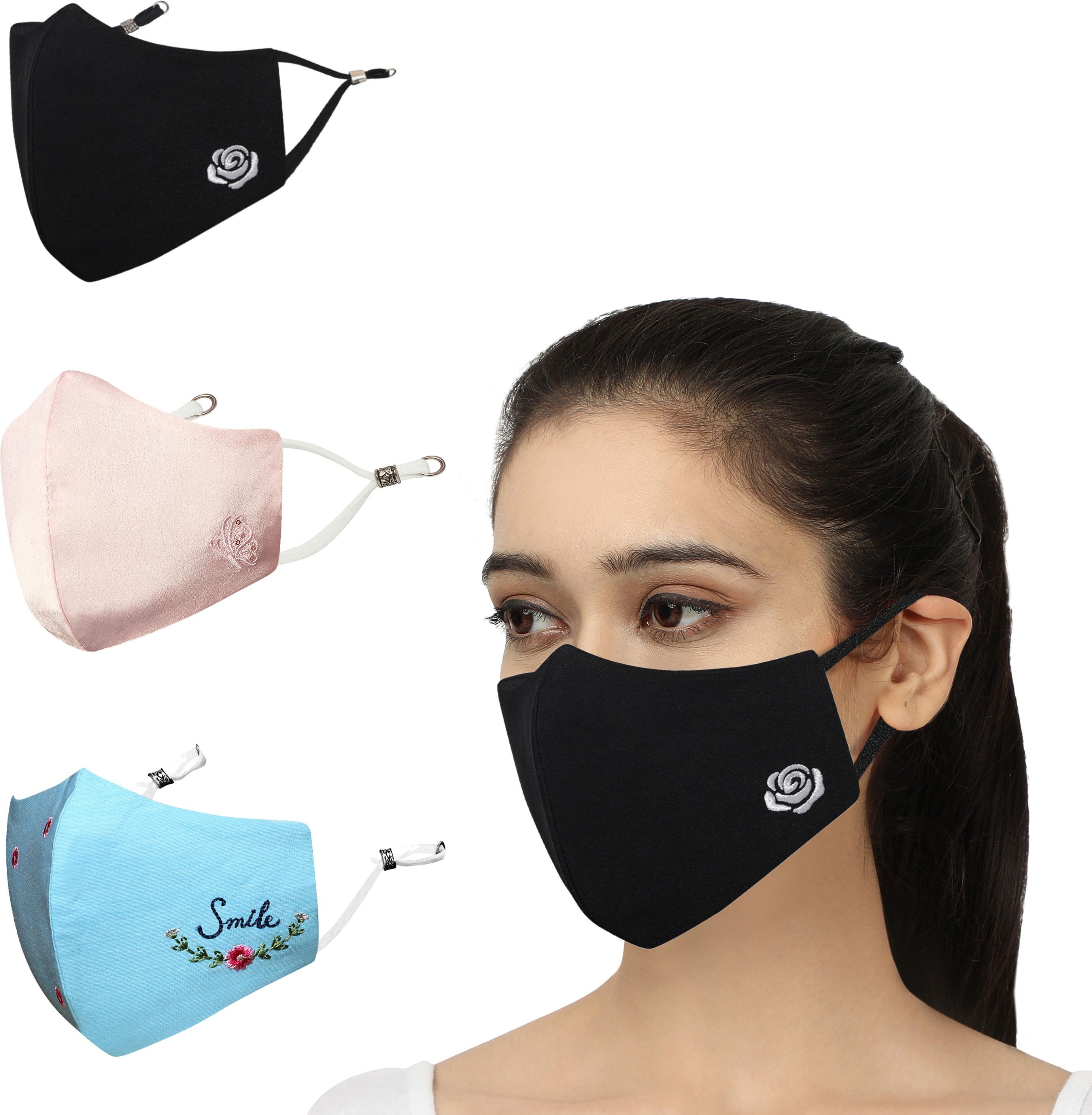 masq Anti-Pollution, Anti-Bacterial (BFE>99%) 4 Layer Embroidered, Designer, Fashionable & Protective Cotton Cloth Face Mask Combo for Women with 1 Detachable Chain Smile_Combo_Large_03 Reusable, Washable Cloth Mask-picture-9