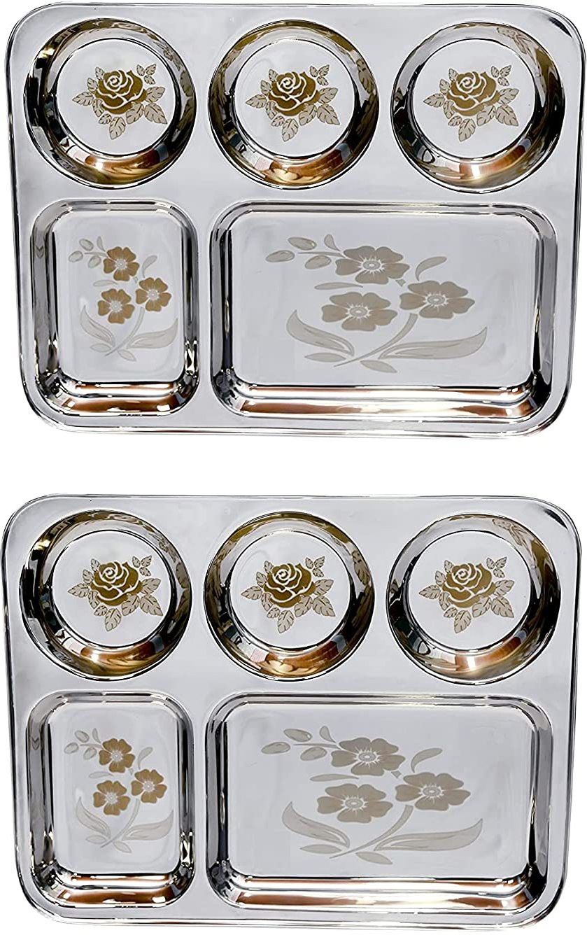 Stainless Steel Lunch/Dinner Plate/Bhojan Thali 5 in 1 Compartments with Mirror Finish, Floral Laser Design in All compartments Dinner Plate