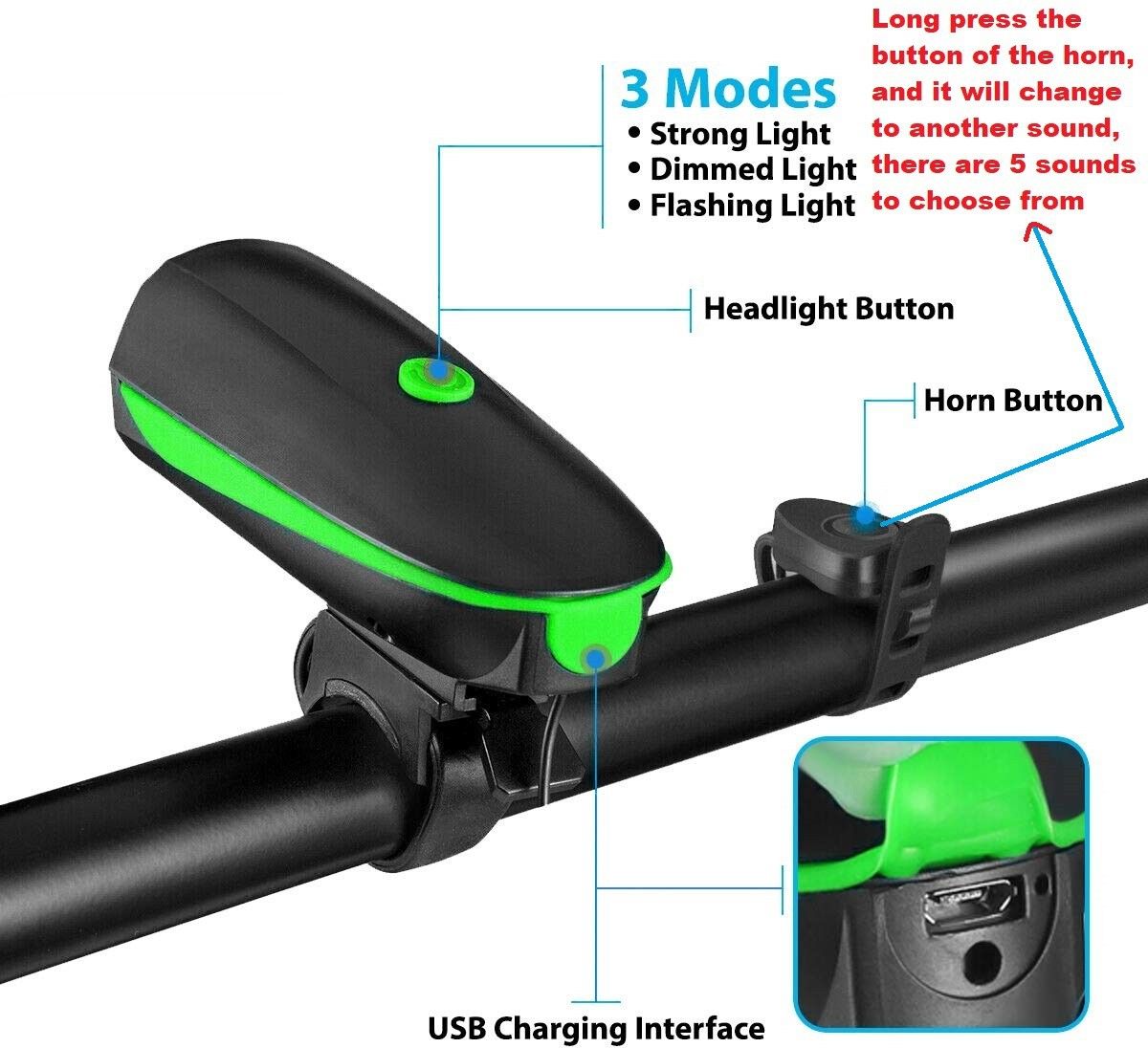 Rechargeable cycle Bell Super Bright Light & Bell Horn with 140DB High Sound Bell-image-47