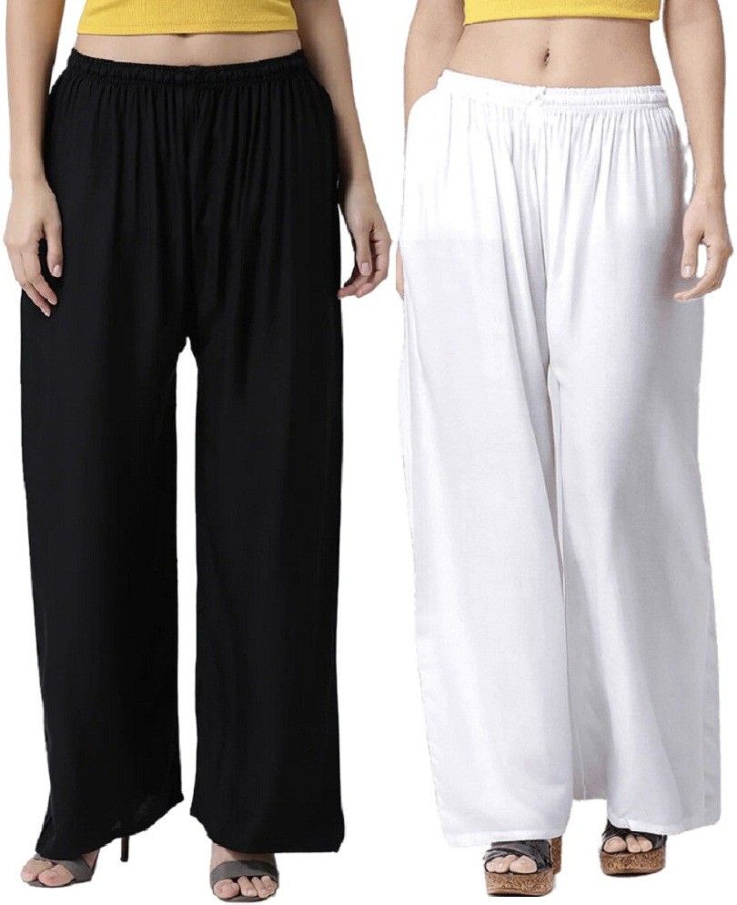 rocksy Pack of 2 Women Flared Black, White Cotton Blend Trousers-picture-20