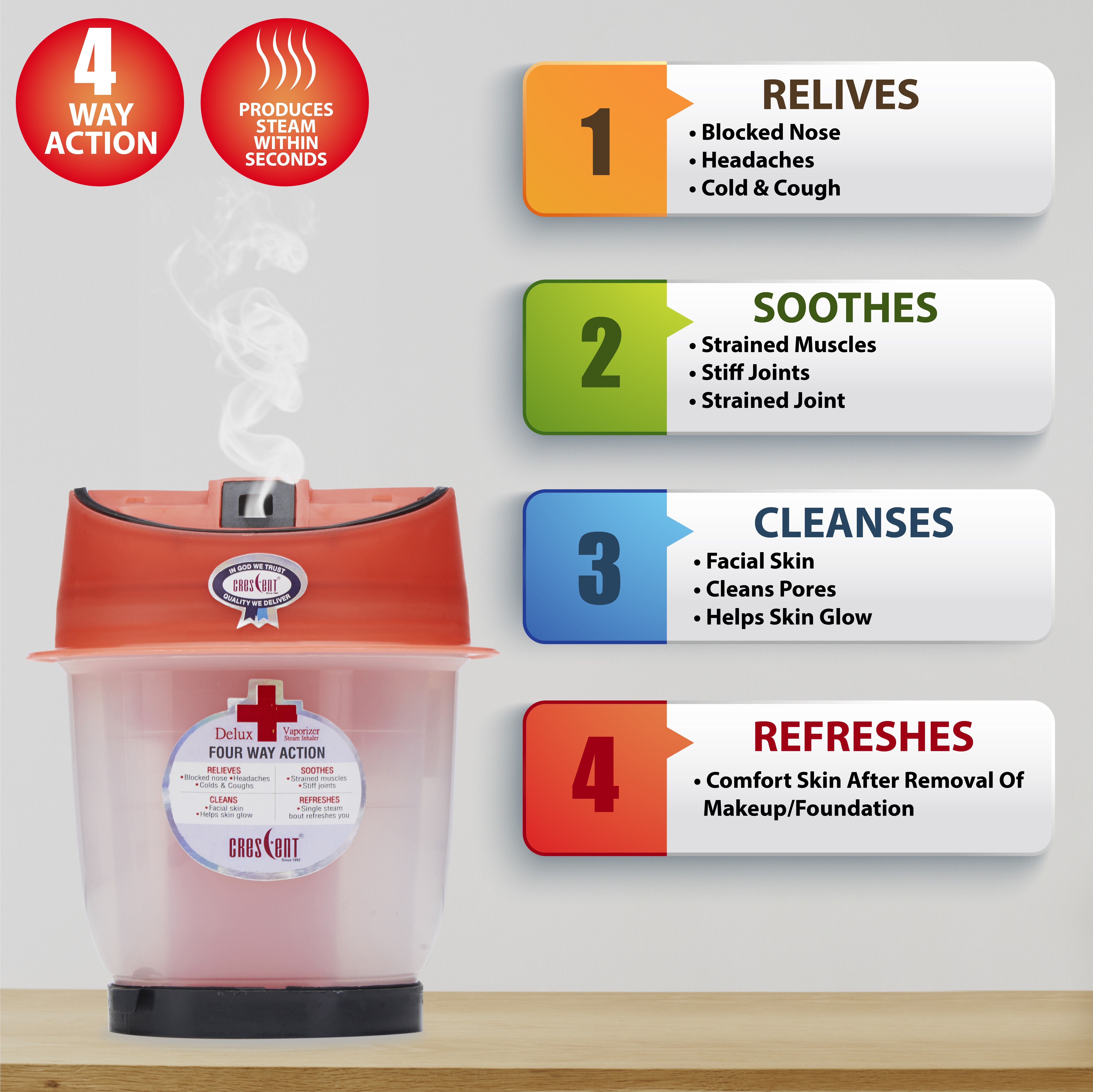 CRESCENT Delux Steam Inhaler 4 Way Action ( Stay Healthy Look Beautiful Live Better ) Vaporizer-image-42
