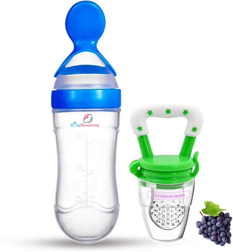 Silicon Food Feeder - Silicon Fruit Feeding Nipple for Baby Food Grade Silicon Container and Nipple BPA Free Combo Pack of 2- Silicon Food Container & Nipple, Food Grade Plastic Caps